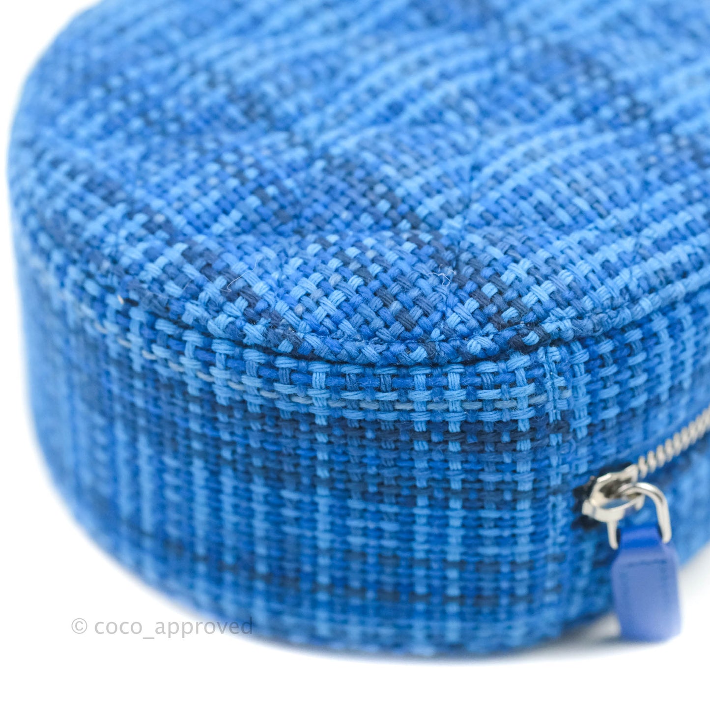 Chanel Quilted Round Clutch With Chain Blue Tweed Silver Hardware