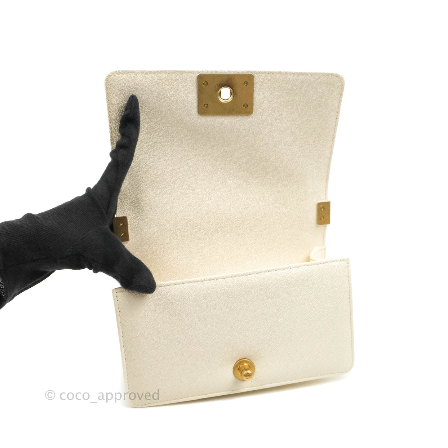Chanel Boy Small Quilted White Caviar Aged Gold Hardware