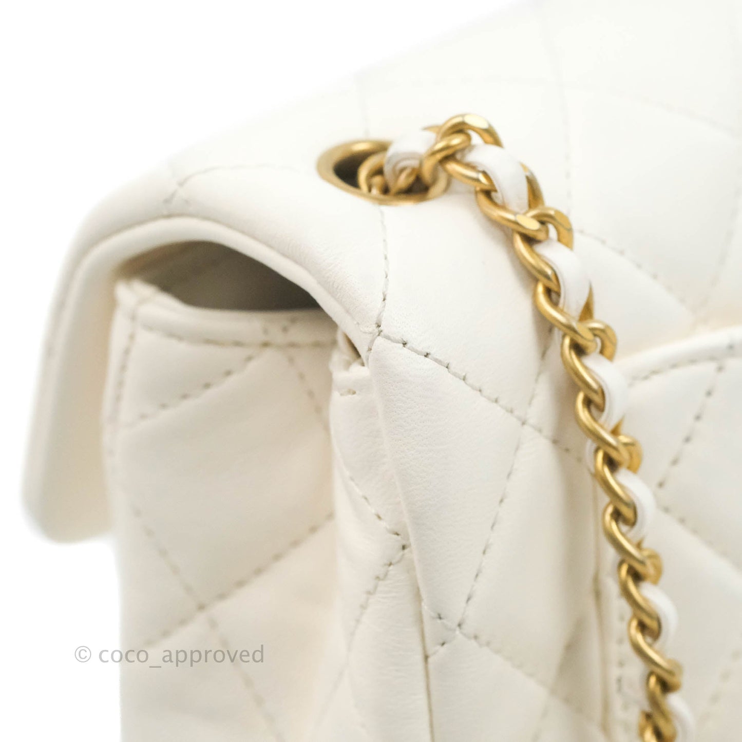 Chanel Mini Rectangular Pearl Crush Quilted White Lambskin Aged Gold Hardware