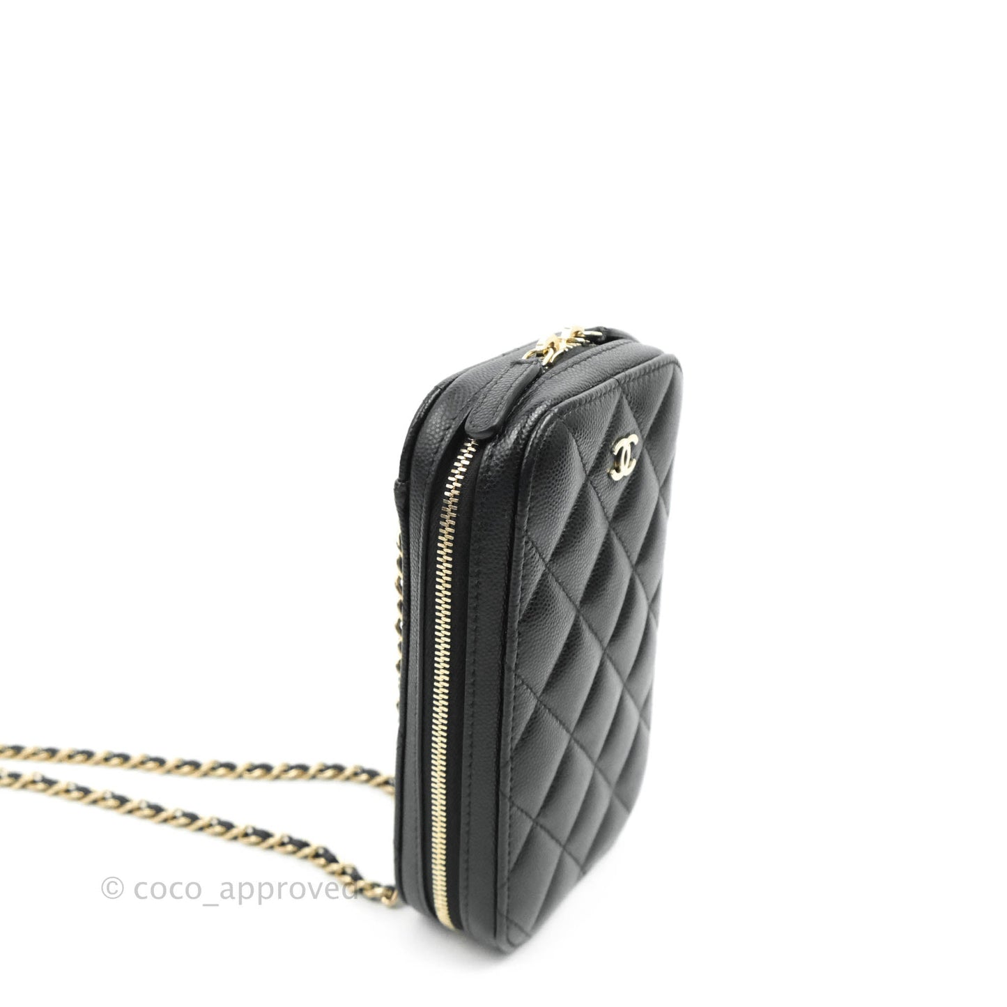 Chanel Quilted WOC Phone Holder Black Caviar Gold Hardware