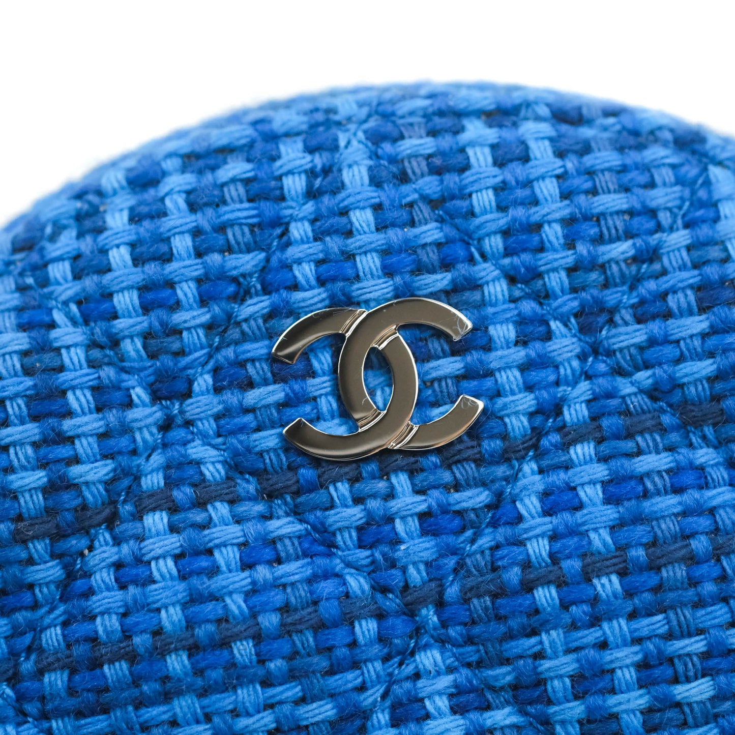 Chanel Quilted Round Clutch With Chain Blue Tweed Silver Hardware
