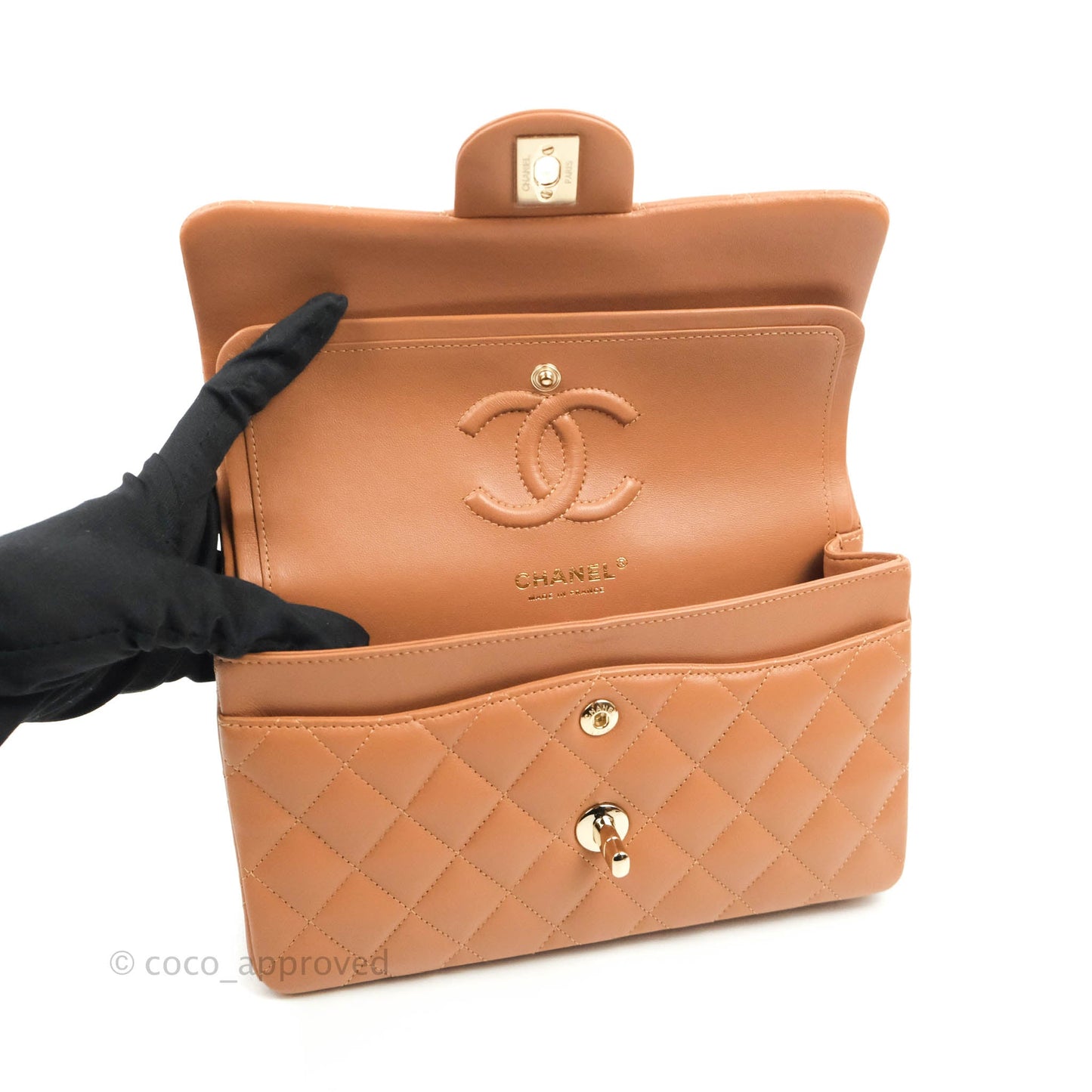 Chanel Classic Small S/M Flap Dark Beige Caramel Lambskin Gold Hardware 22S