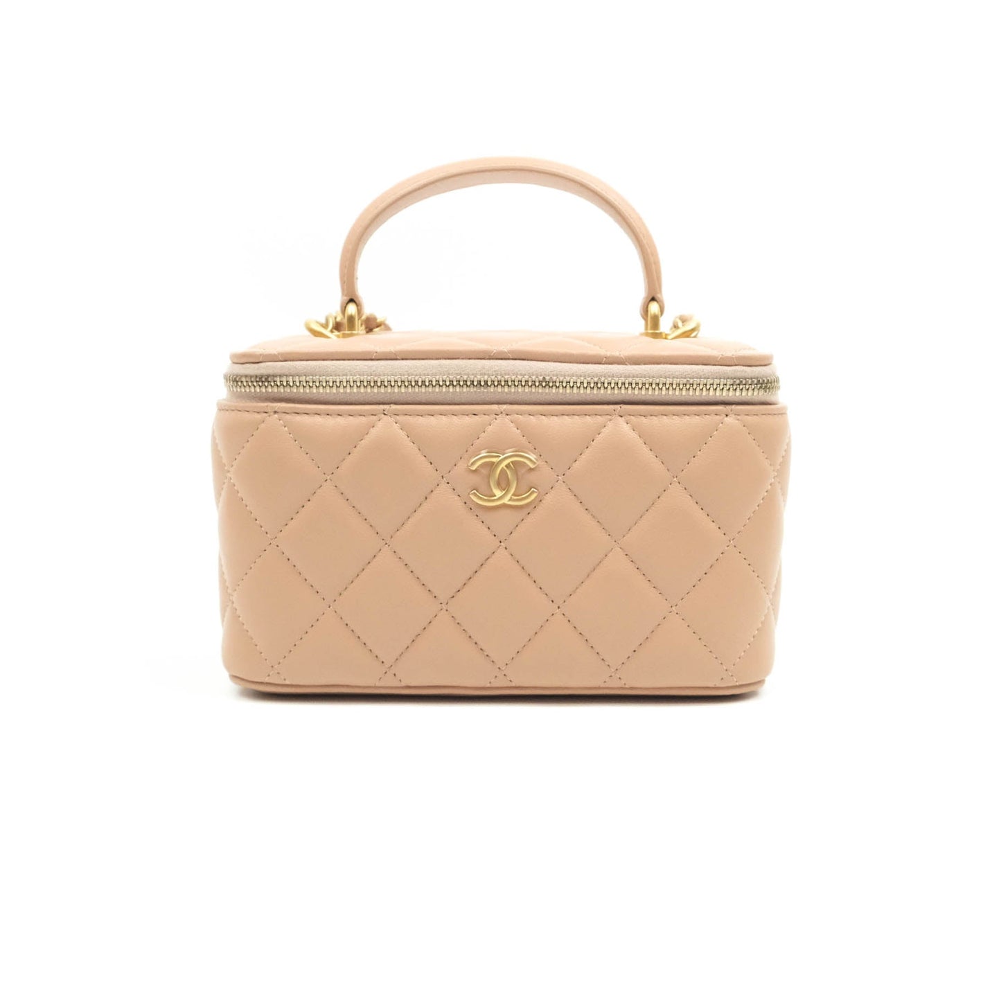 Chanel Classic Vanity Rectangular Top Handle With Chain Beige Lambskin Aged Gold Hardware