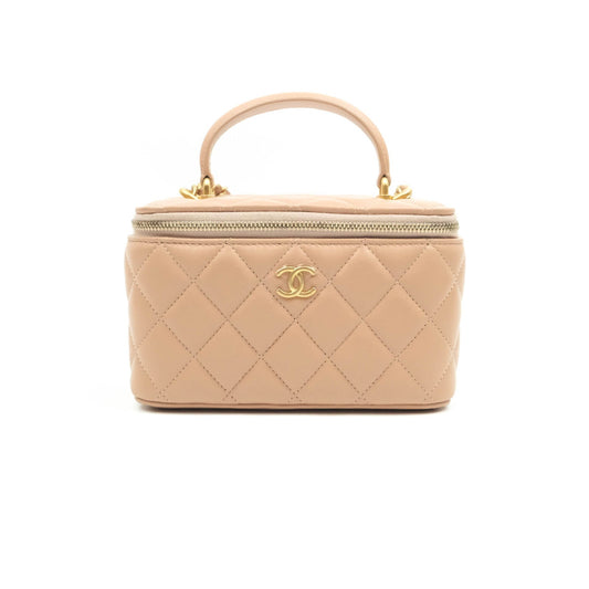 Chanel Classic Vanity Rectangular Top Handle With Chain Beige Lambskin Aged Gold Hardware