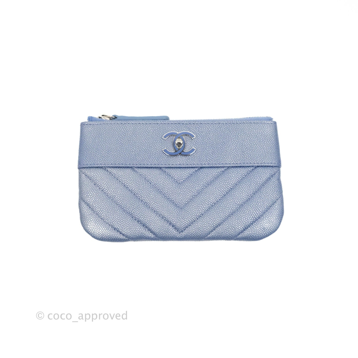Chanel Mini Chevron Mademoiselle O Case Iridescent Blue Caviar Silver Hardware