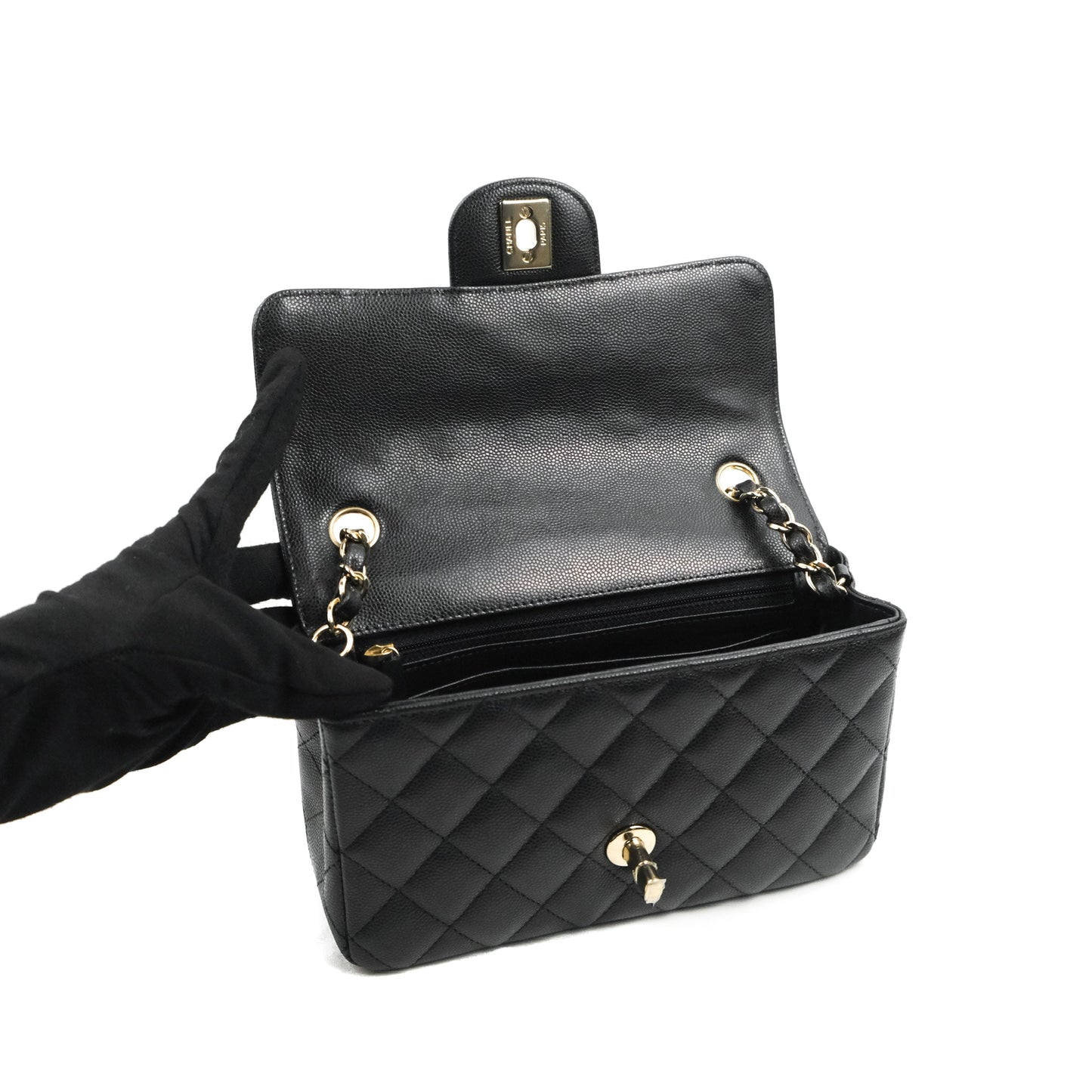 Chanel Quilted Mini Rectangular Flap Black Caviar Light Gold Hardware 17C