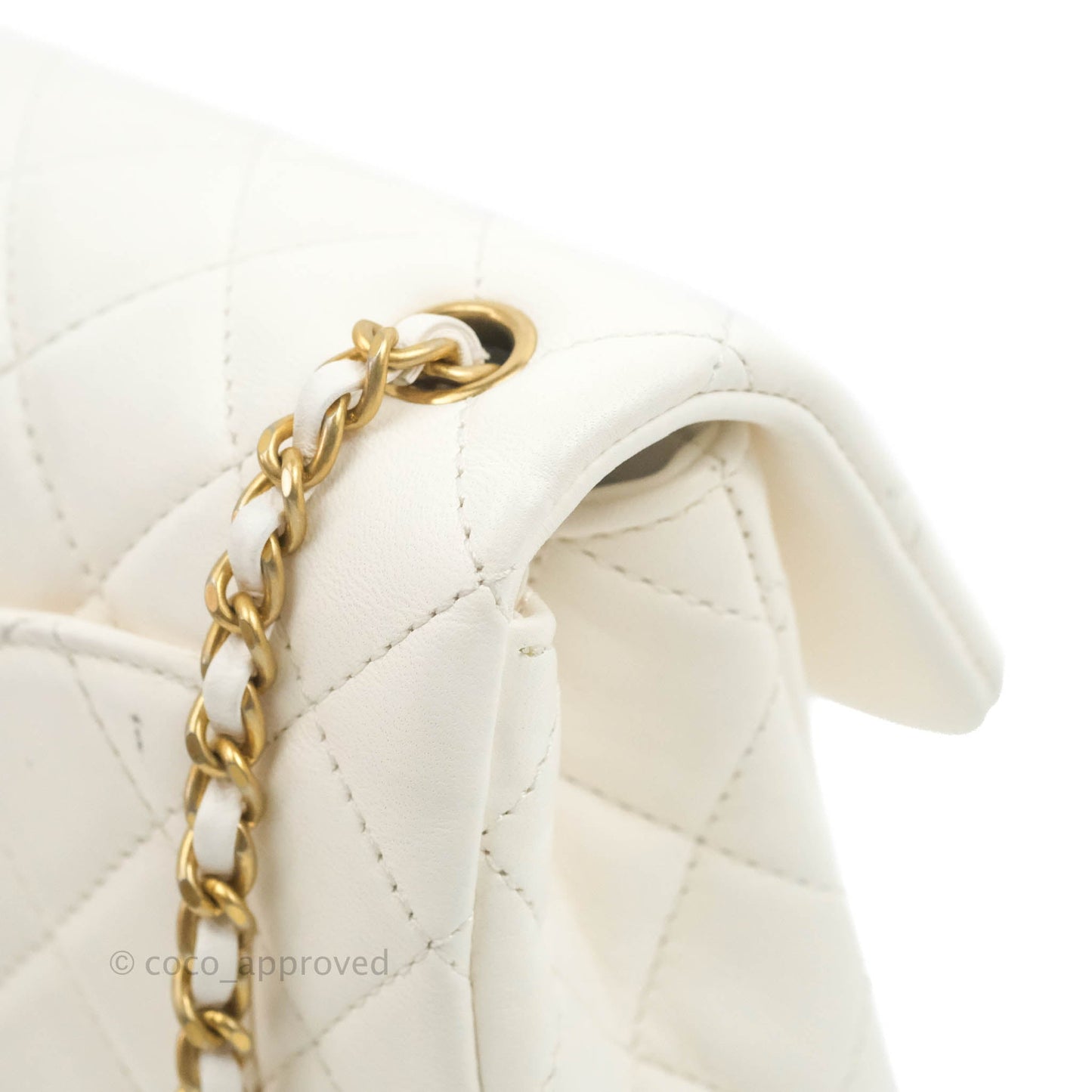 Chanel Mini Rectangular Pearl Crush Quilted White Lambskin Aged Gold Hardware