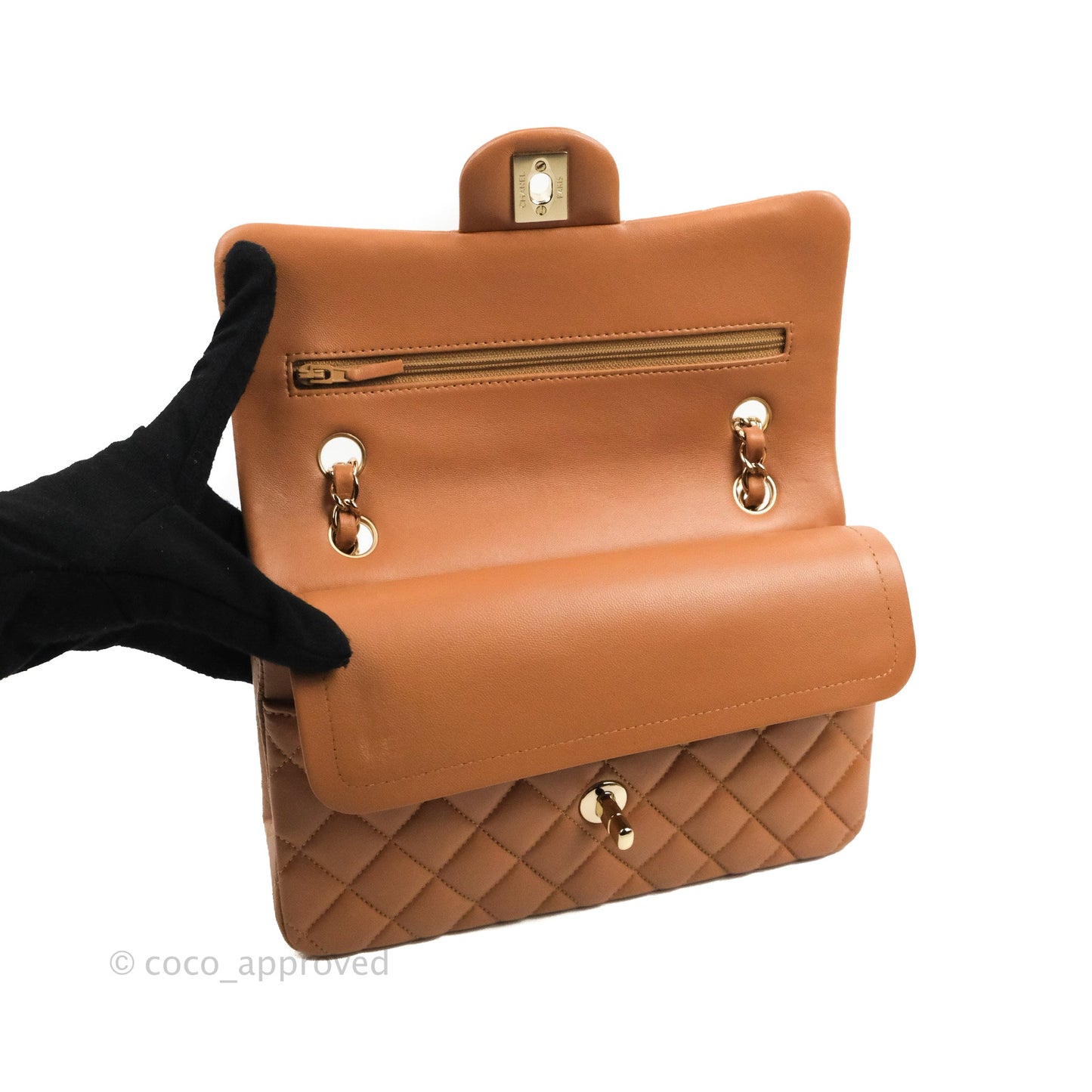 Chanel Small Classic Quilted Flap Dark Beige Caramel Lambskin Gold Hardware 21P