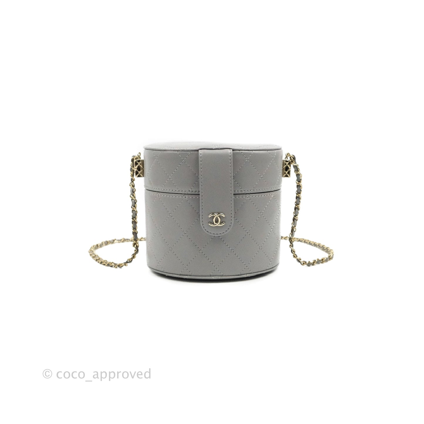 Chanel Quilted Round Vanity Clutch With Chain Grey Lambskin Gold Hardware
