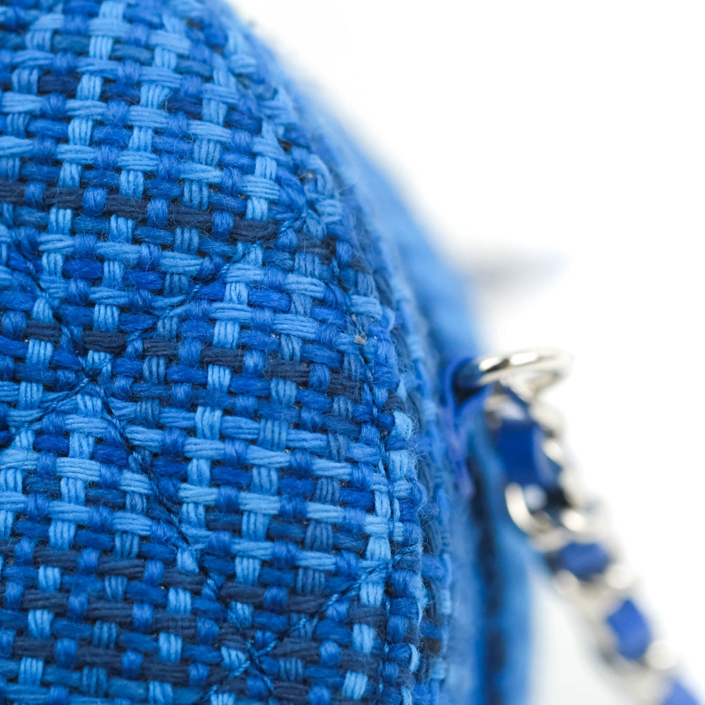 Chanel Quilted Round Clutch With Chain Blue Tweed Silver Hardware