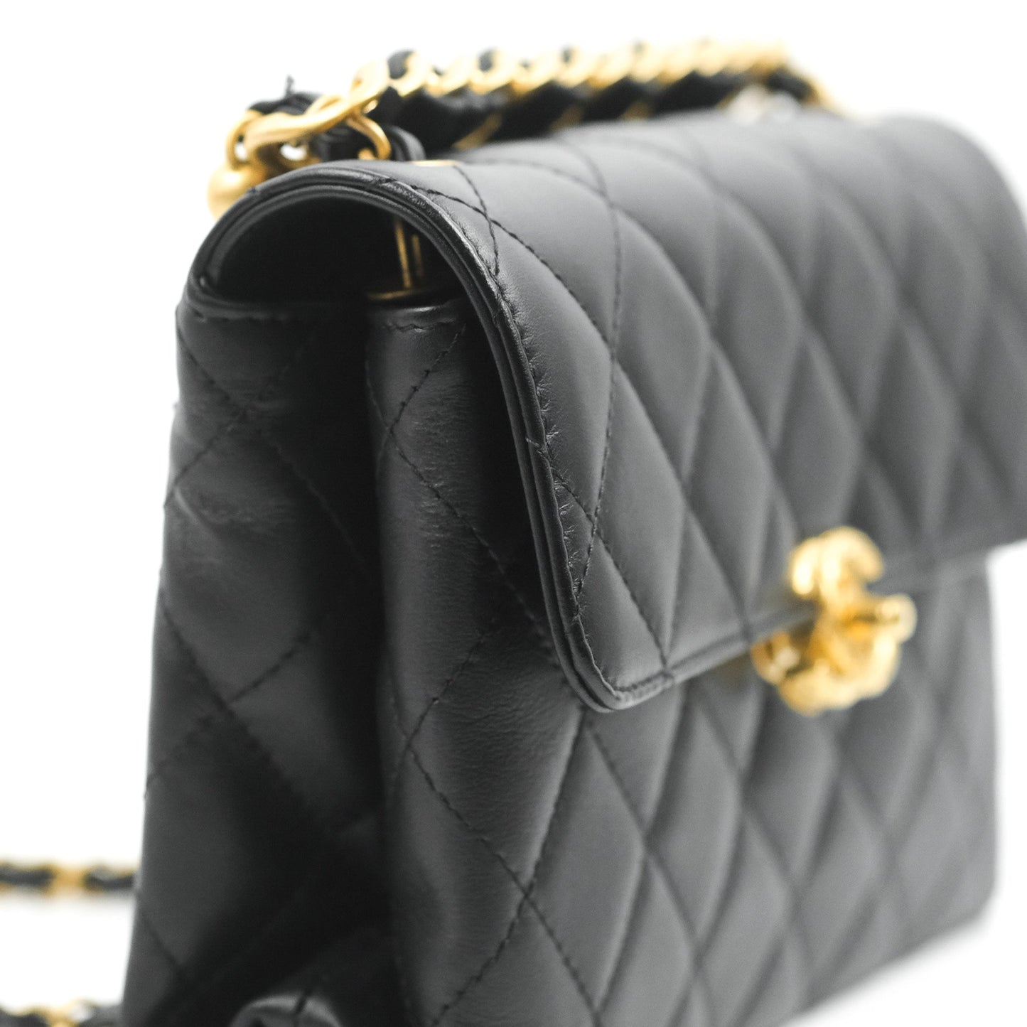 Chanel Small Chain Bar Flap Bag Black Calfskin Aged Gold Hardware
