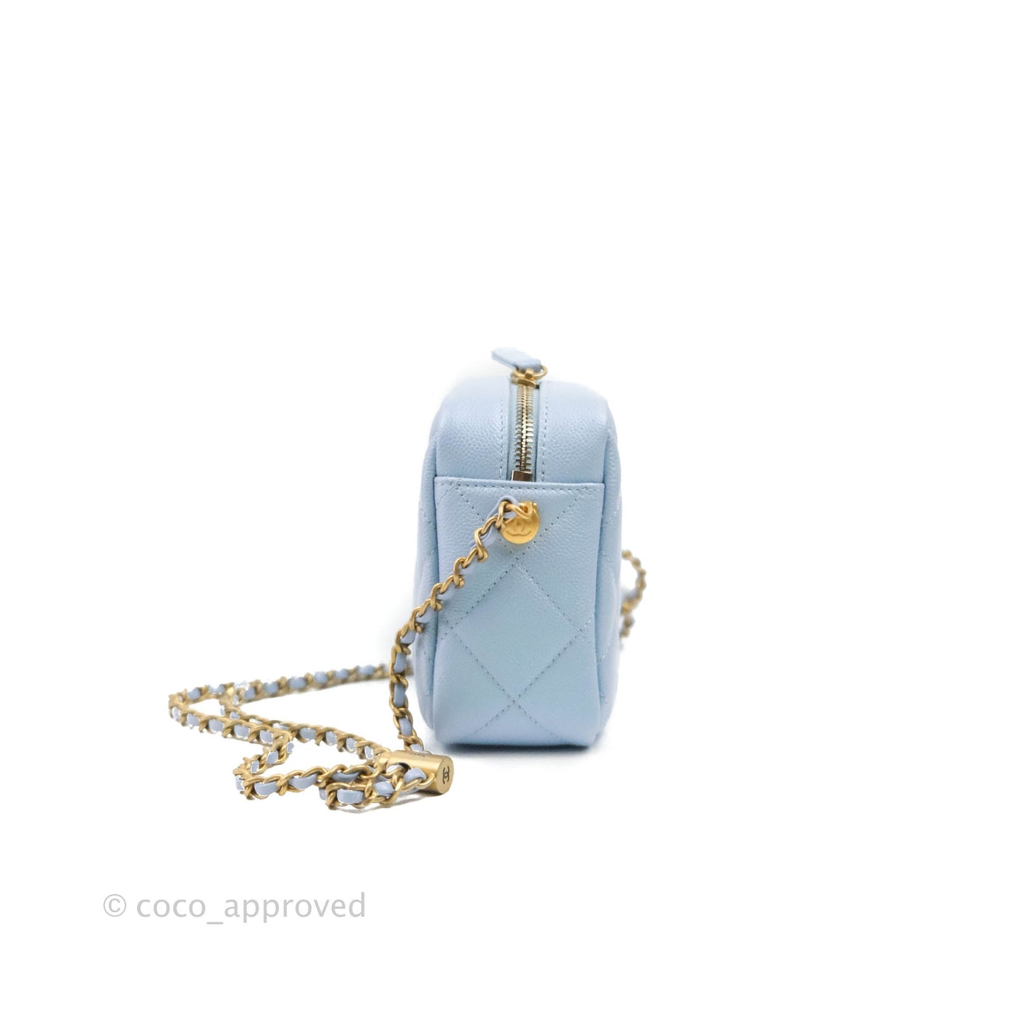 Chanel Quilted My Perfect Camera Case Iridescent Blue Caviar Aged Gold Hardware