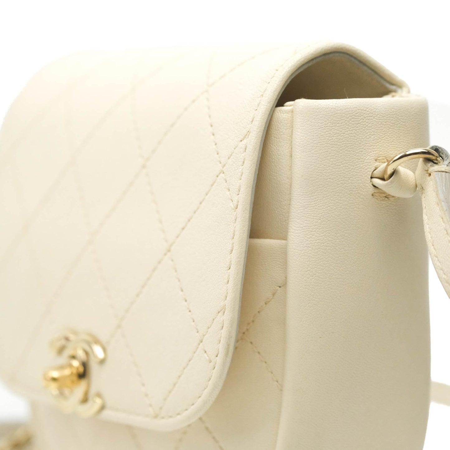 Chanel Flat Quilted Mini Flap Bag Ivory Calfskin Gold Hardware