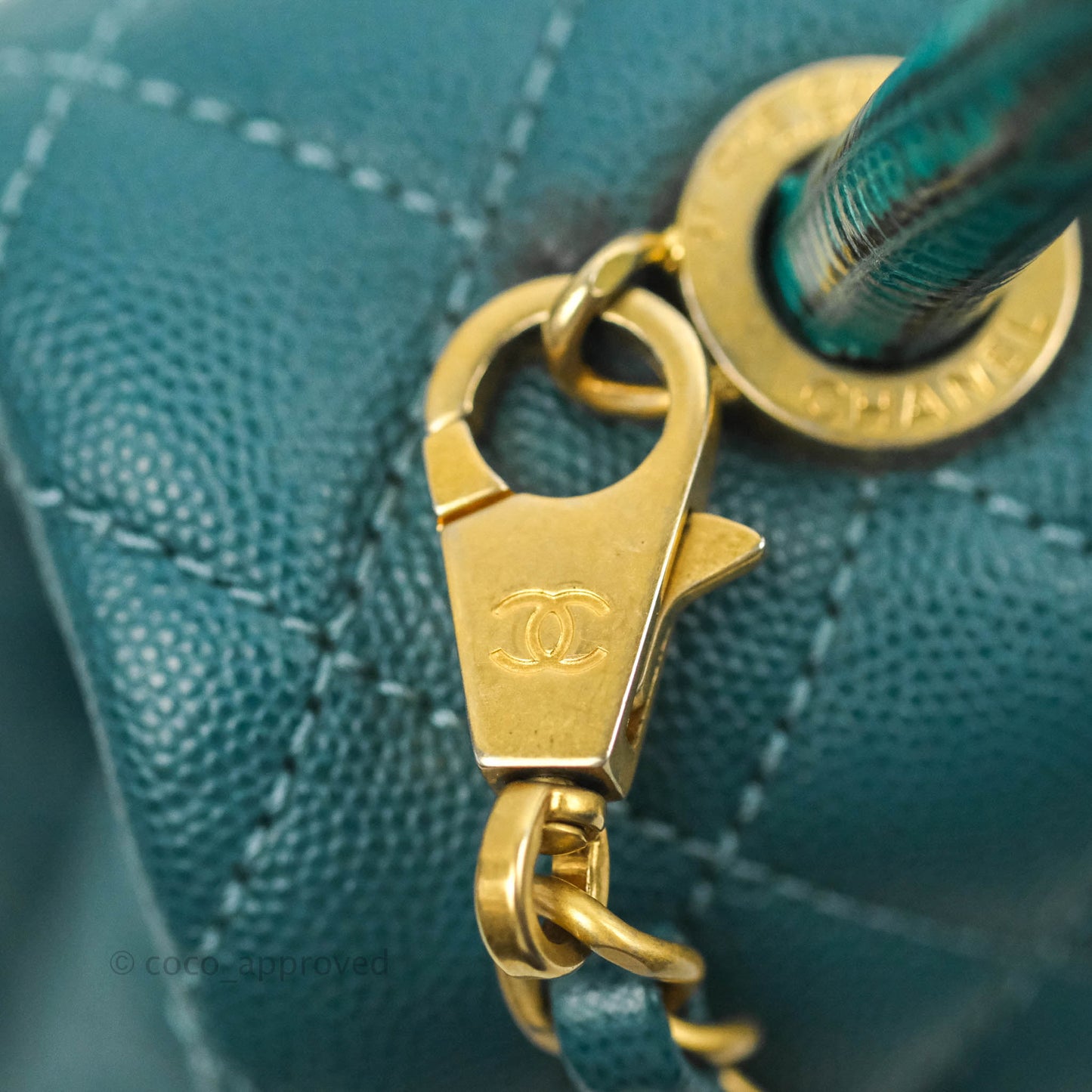 Chanel Medium Coco Handle Quilted Teal Caviar Lizard Handle Aged Gold Hardware