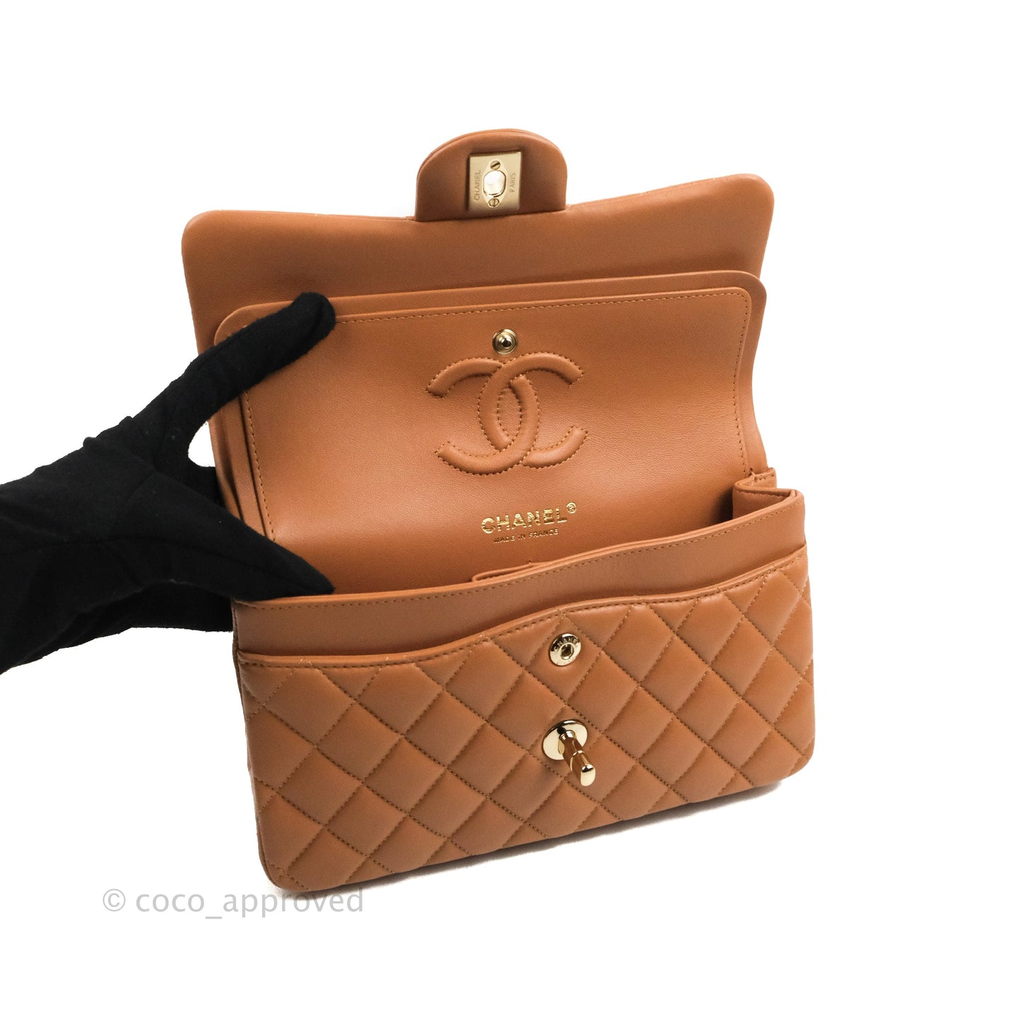 Chanel Small Classic Quilted Flap Dark Beige Caramel Lambskin Gold Hardware 21P