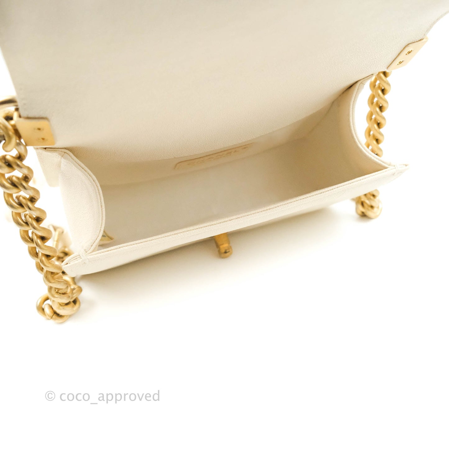 Chanel Boy Small Quilted White Caviar Aged Gold Hardware