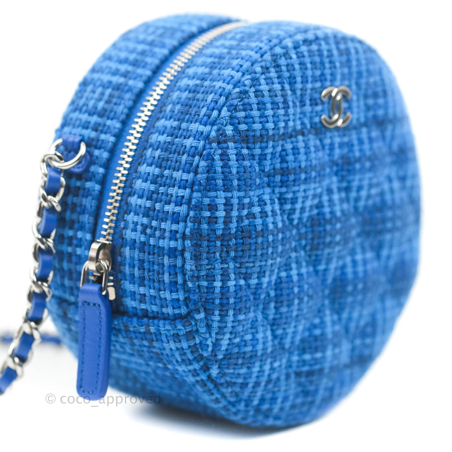 Chanel Quilted Round Clutch With Chain Blue Tweed Silver Hardware