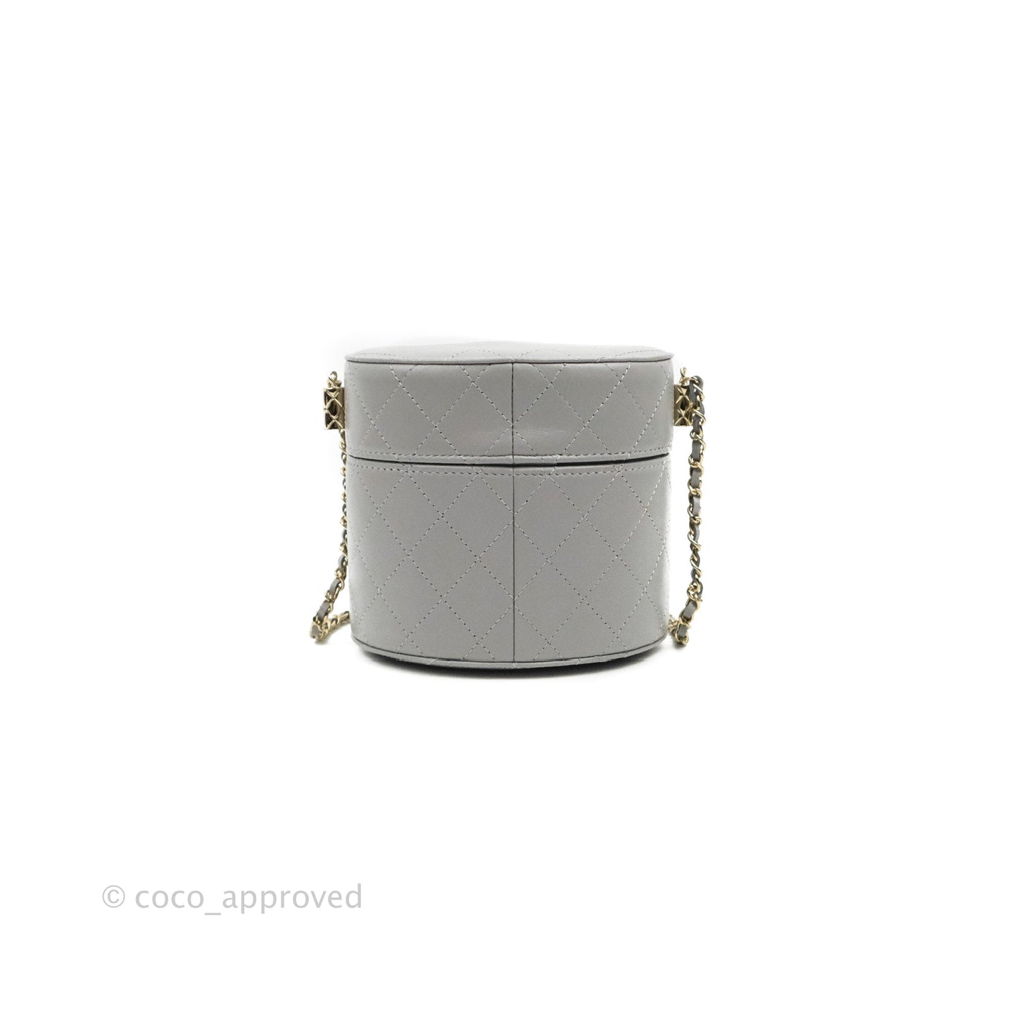 Chanel Quilted Round Vanity Clutch With Chain Grey Lambskin Gold Hardware