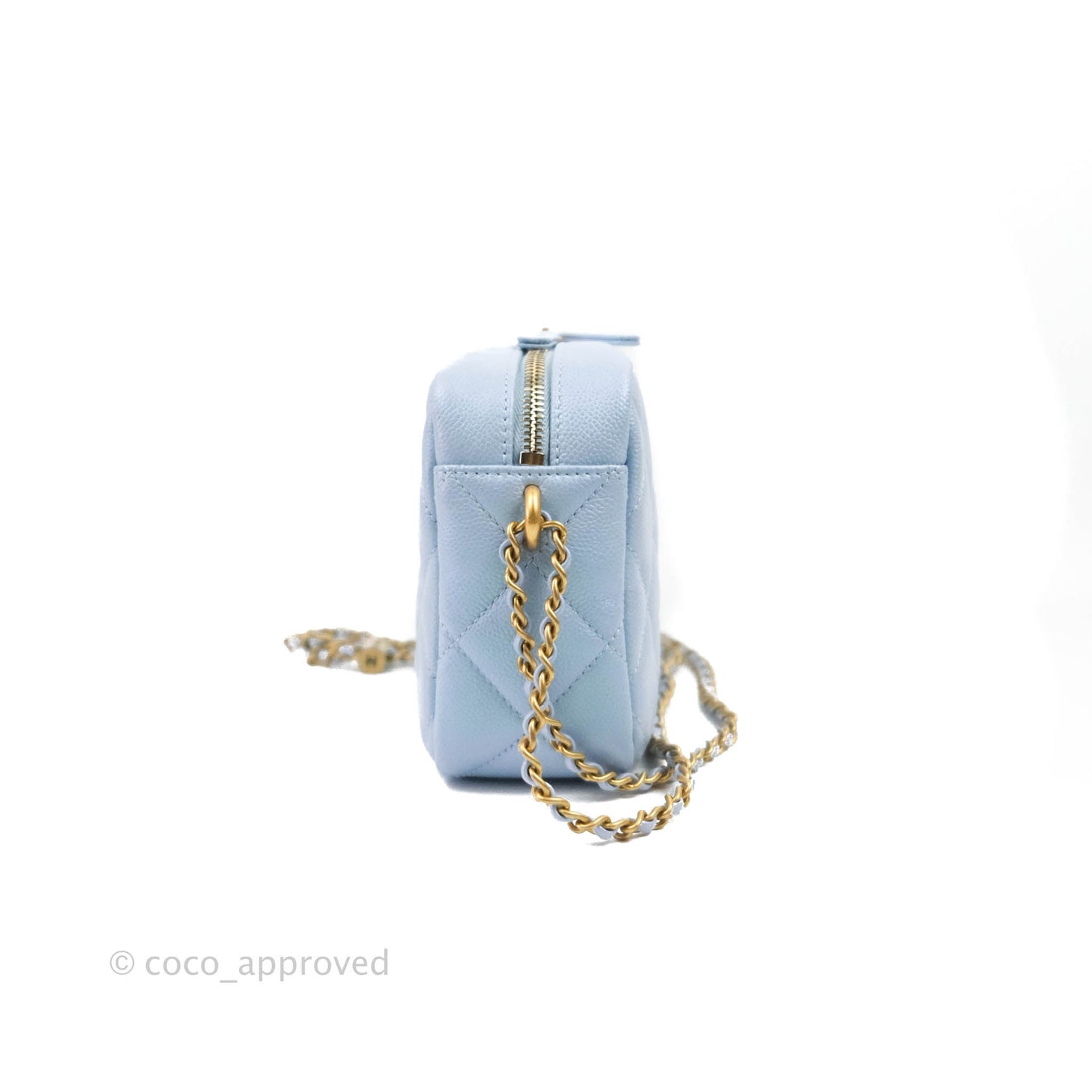 Chanel Quilted My Perfect Camera Case Iridescent Blue Caviar Aged Gold Hardware