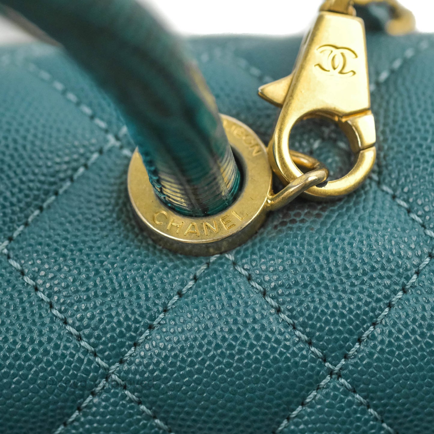 Chanel Medium Coco Handle Quilted Teal Caviar Lizard Handle Aged Gold Hardware