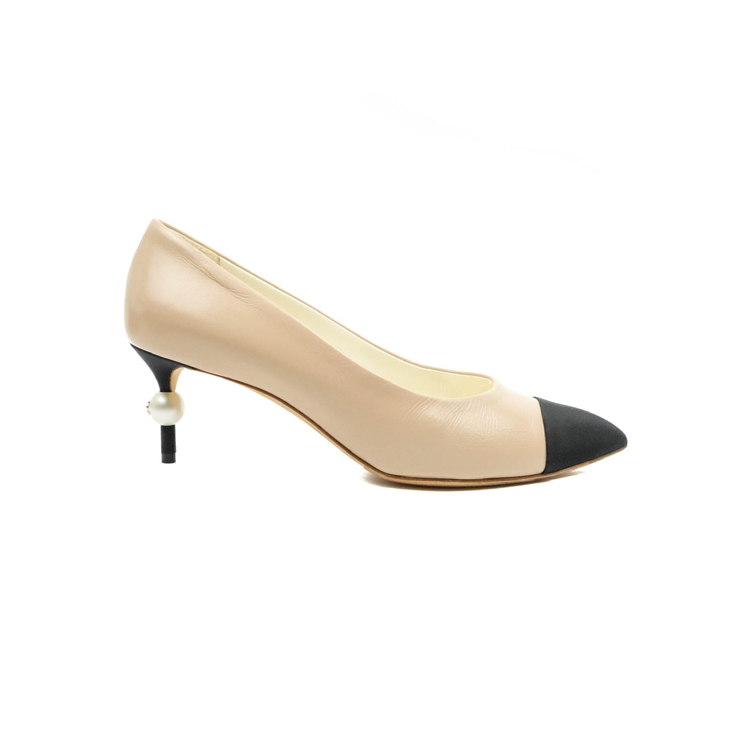 Chanel Beige Toe Pointed Black Pump Heels With CC Pearl Size 41