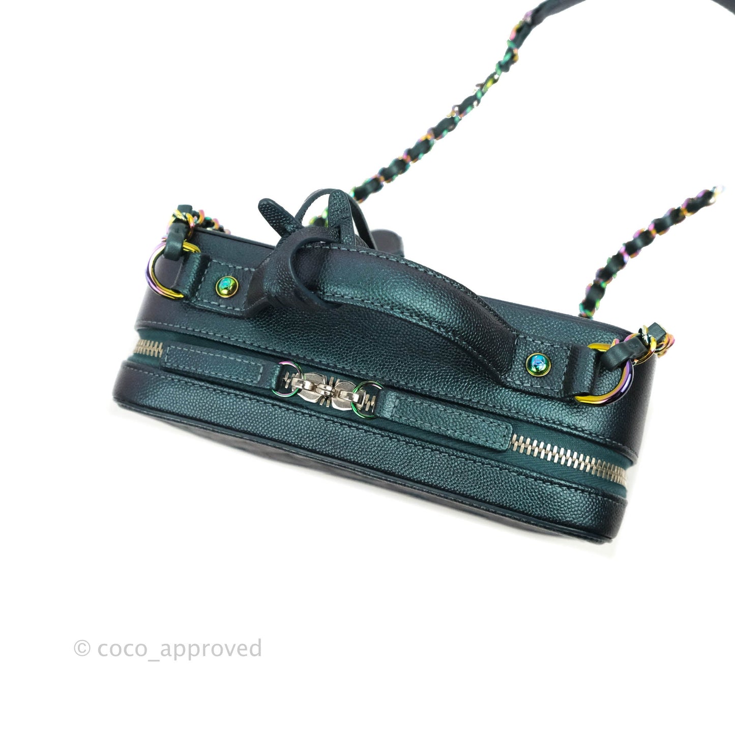 Chanel Quilted Medium CC Filigree Vanity Case Iridescent Dark Turquoise Caviar Rainbow Hardware