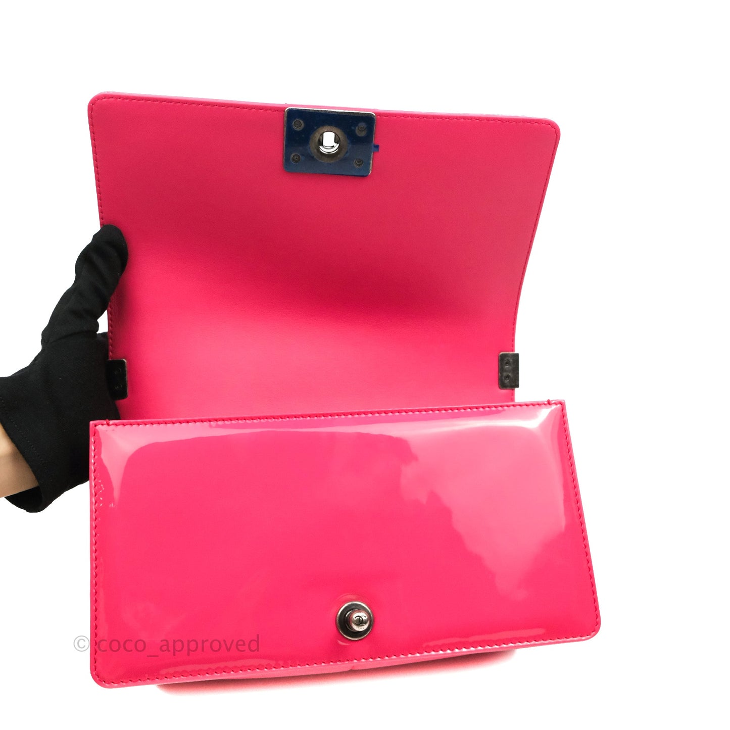 Chanel Quilted Medium Boy Bag Pink Patent Ruthenium Hardware