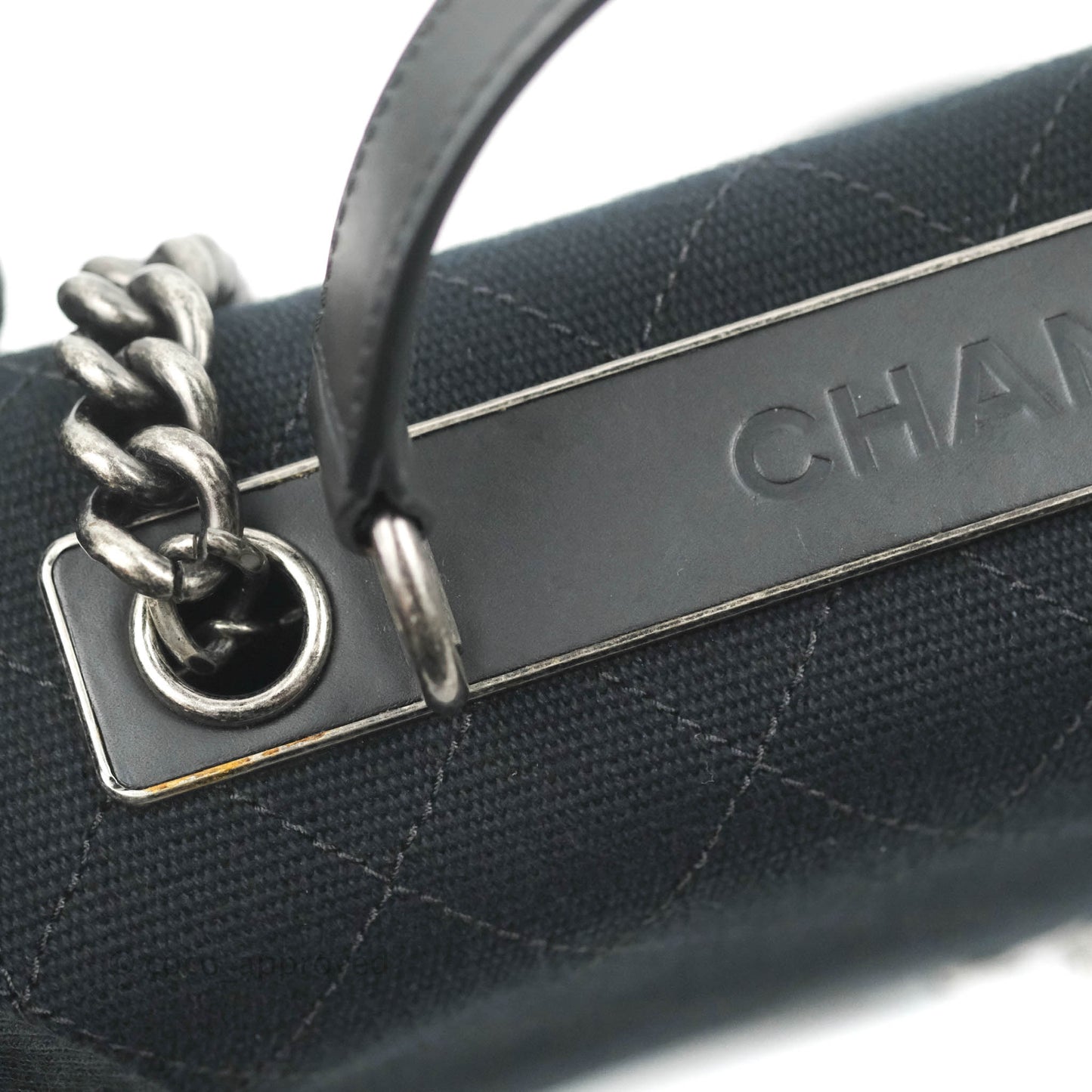 Chanel Quilted CC Top Handle with Chain Dark Navy Fabric Ruthenium Hardware 15P
