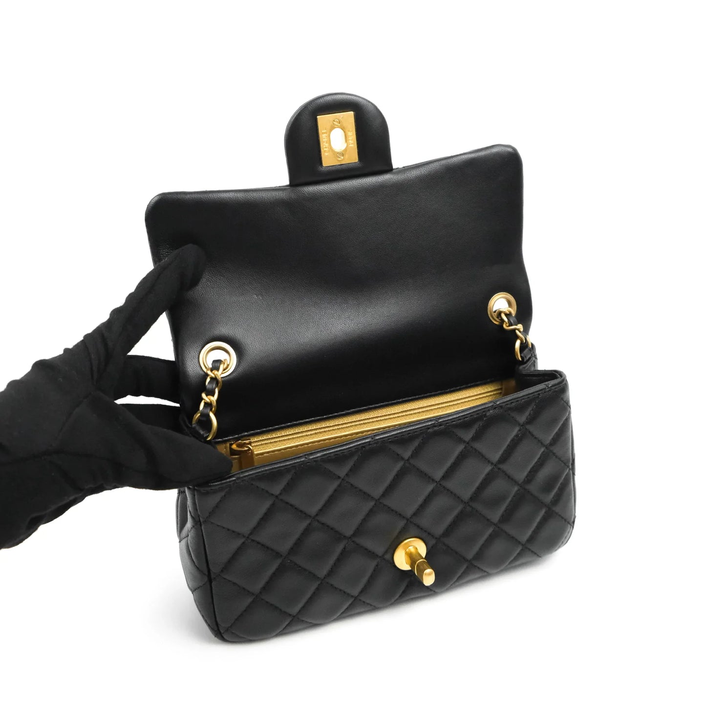 Chanel Mini Rectangular Pearl Crush Quilted Black Lambskin Aged Gold Hardware