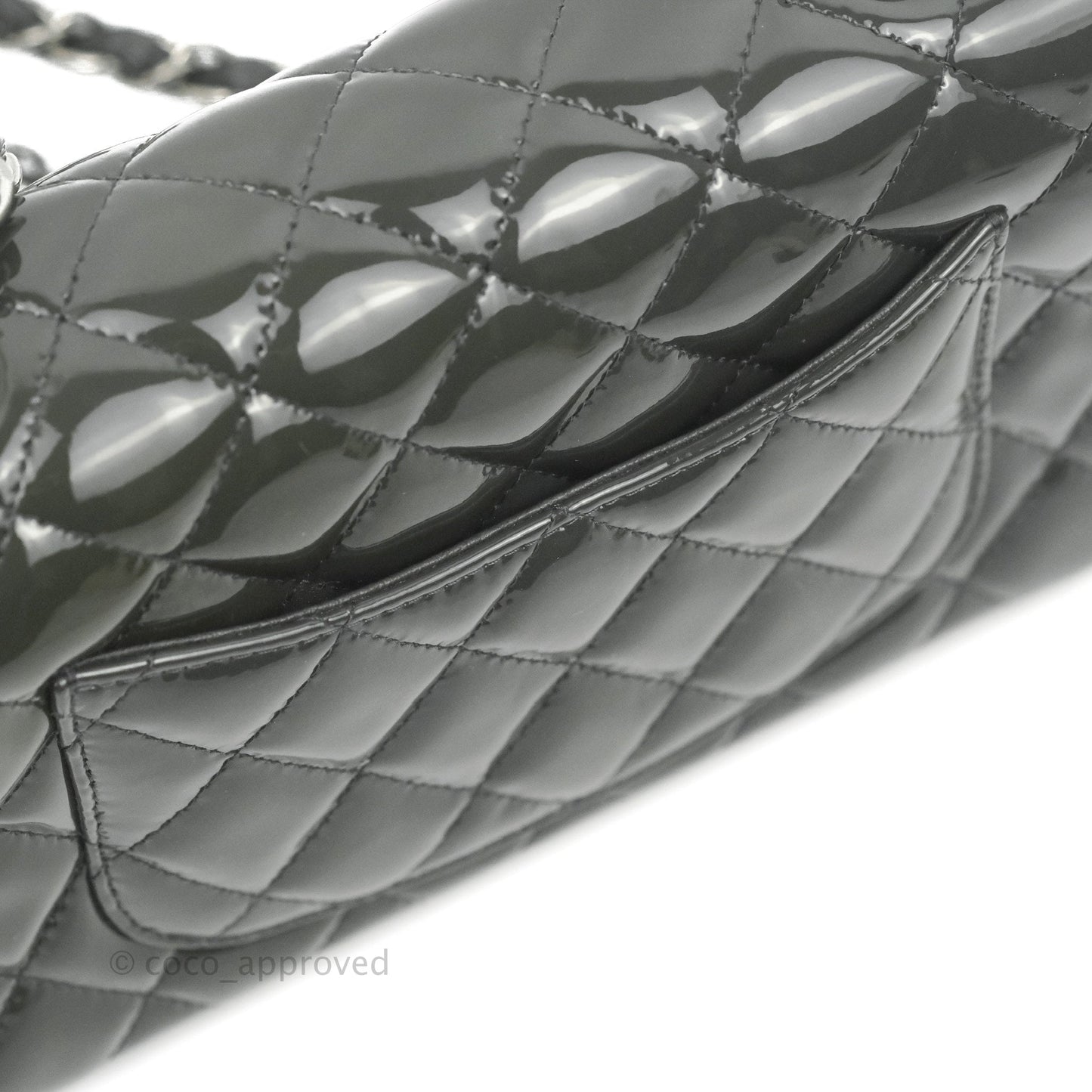 Chanel Quilted Mini Rectangular Dark Grey Patent Silver Hardware
