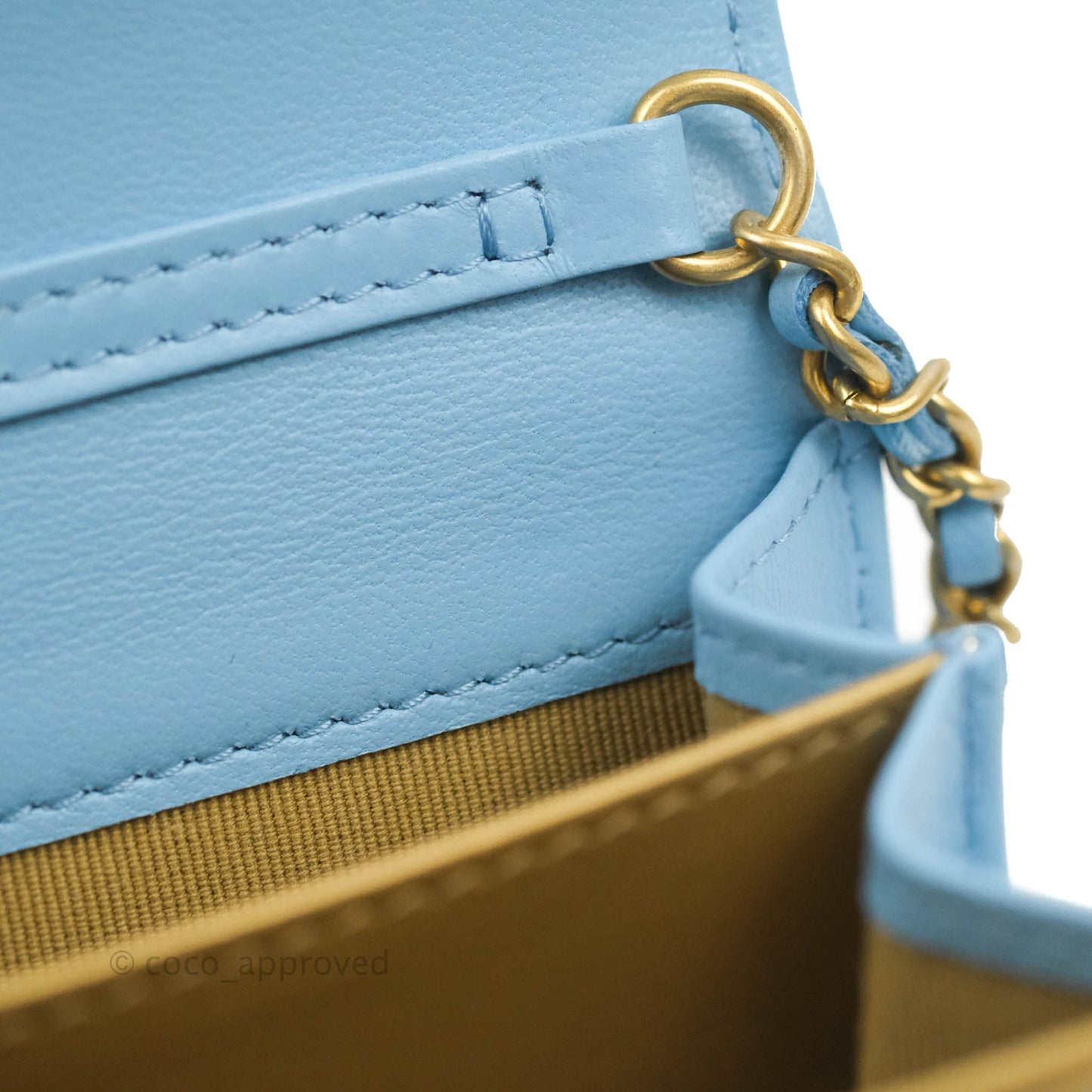 Chanel Pearl Crush Mini Clutch With Chain Blue Lambskin Aged Gold Hardware