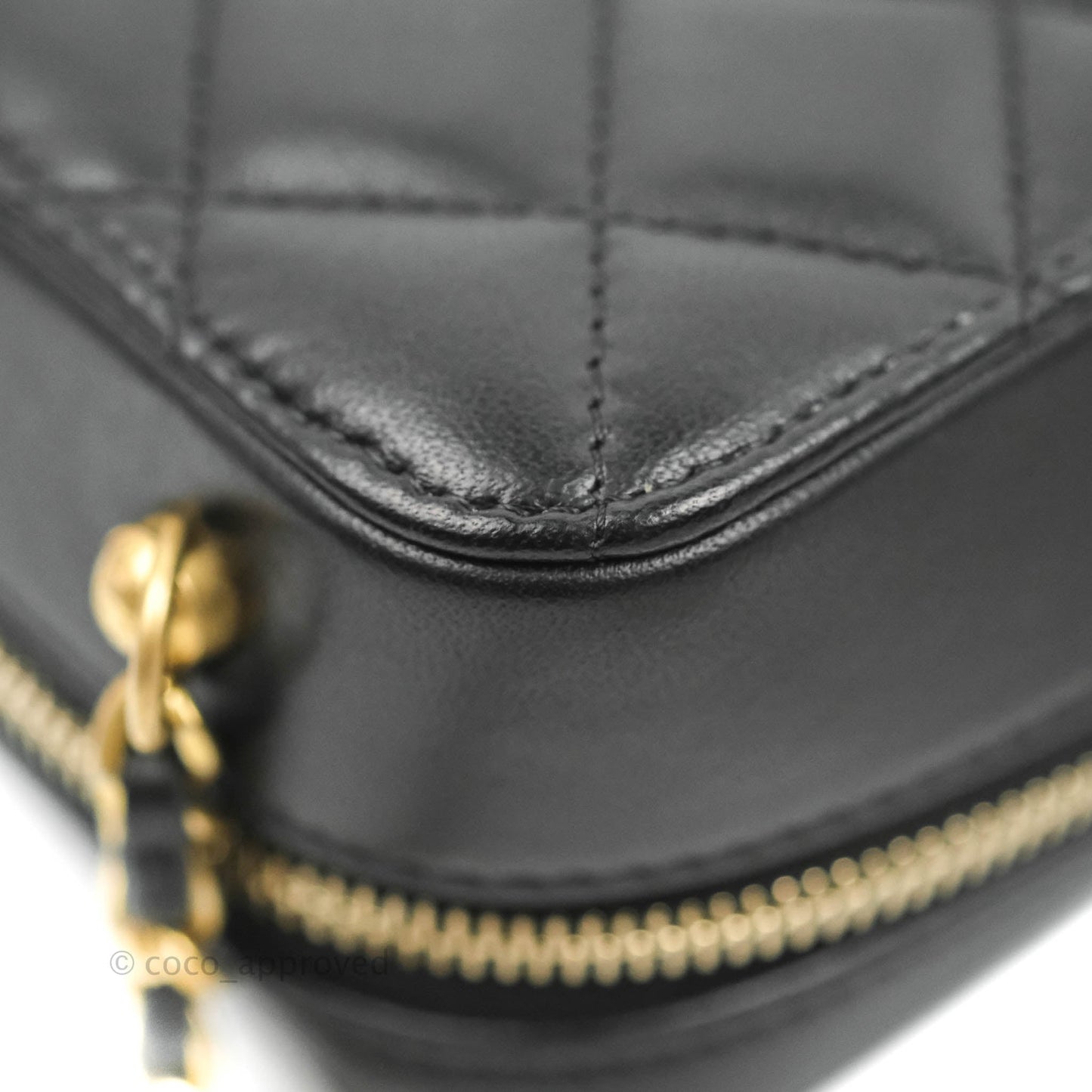 Chanel Mini Pearl Crush Quilted Camera Case Black Lambskin Aged Gold Hardware