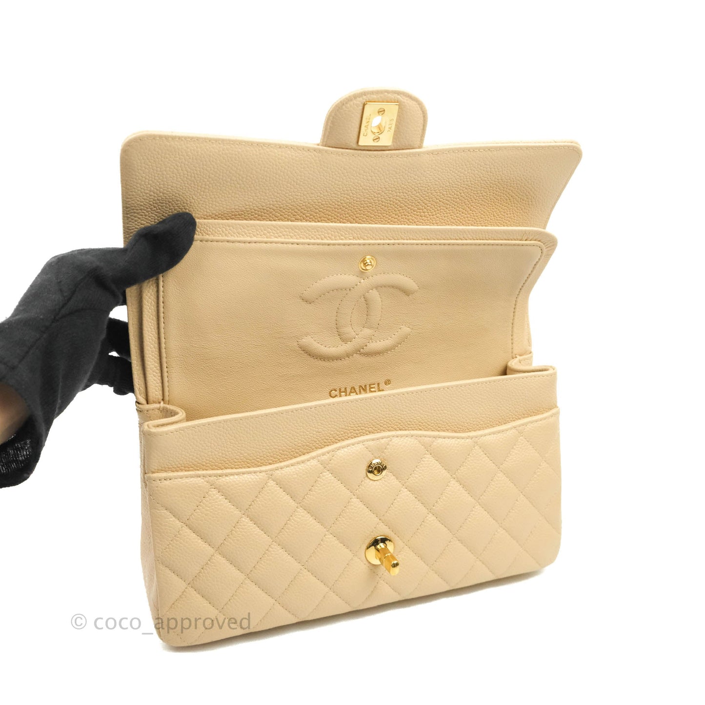 Chanel Classic M/L Medium Flap Quilted Beige Caviar Gold Hardware