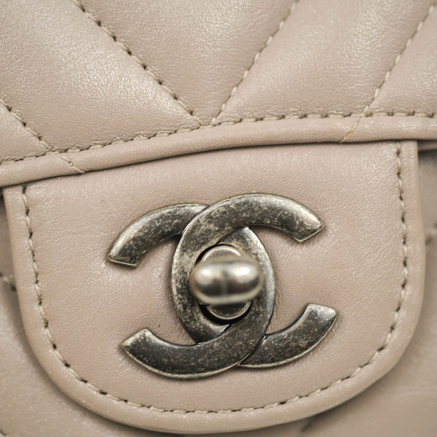 Chanel Chevron Mini Rectangular Flap Taupe Grey Calfskin Ruthenium Hardware 18B