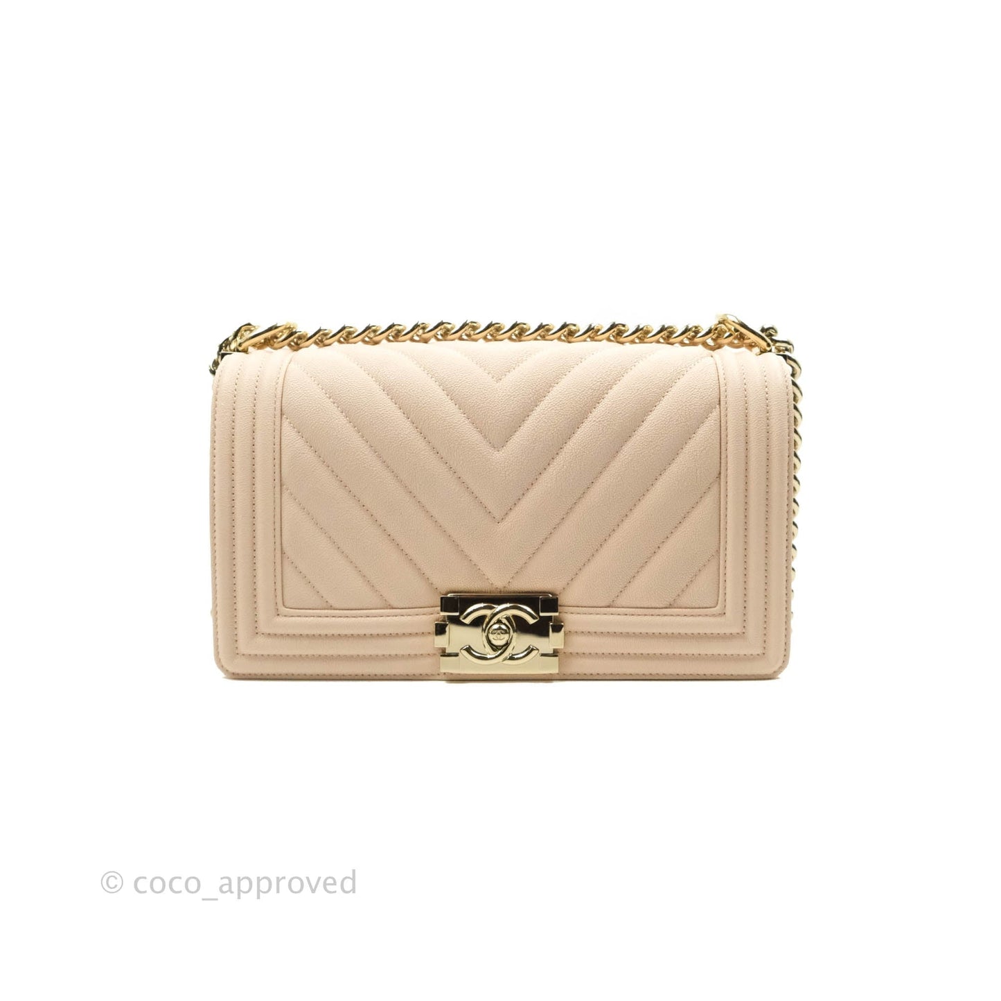 Chanel Quilted Medium Boy Light Pink Beige Caviar Gold Hardware 20A