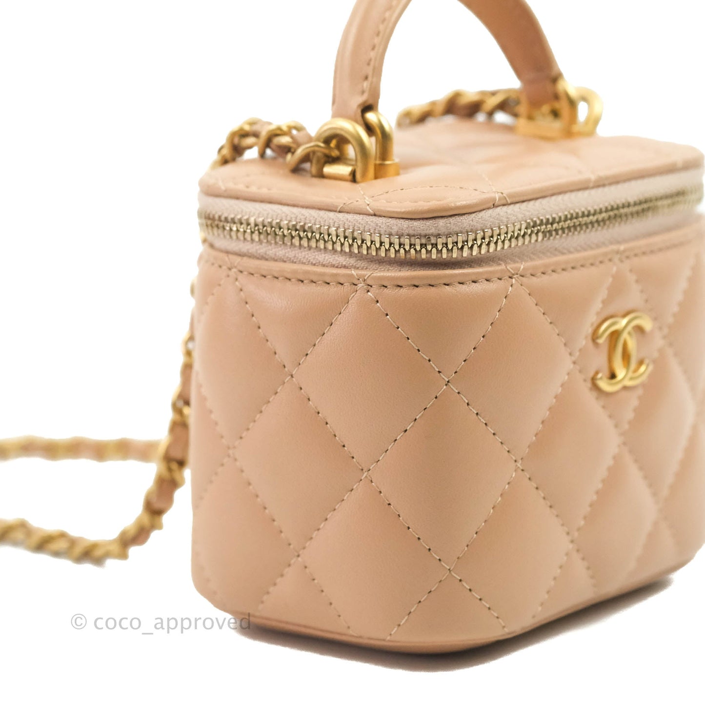 Chanel Mini Top Handle Vanity With Chain Beige Lambskin Aged Gold Hardware