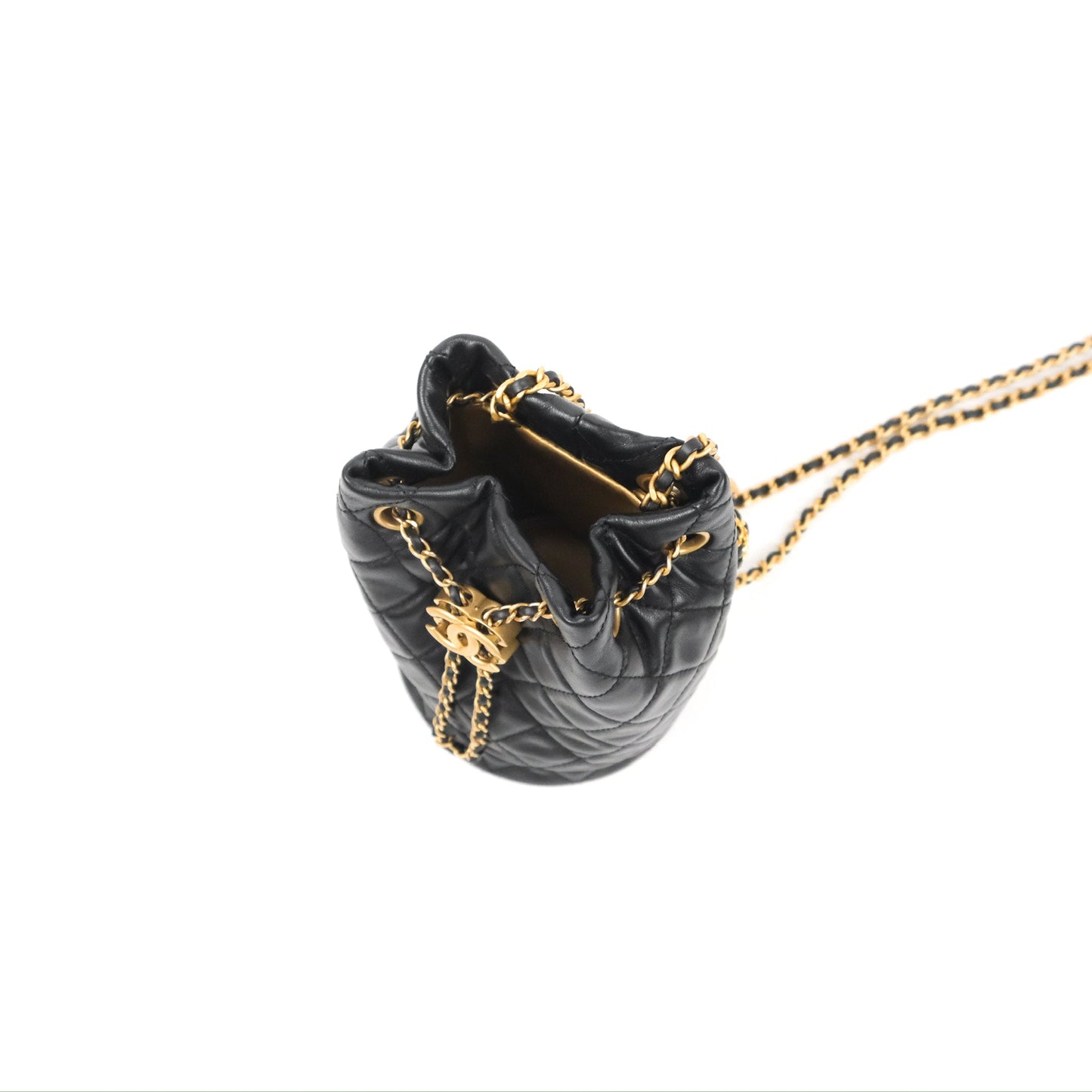 Chanel Pearl Crush Bucket Bag Black Lambskin Aged Gold Hardware 22S