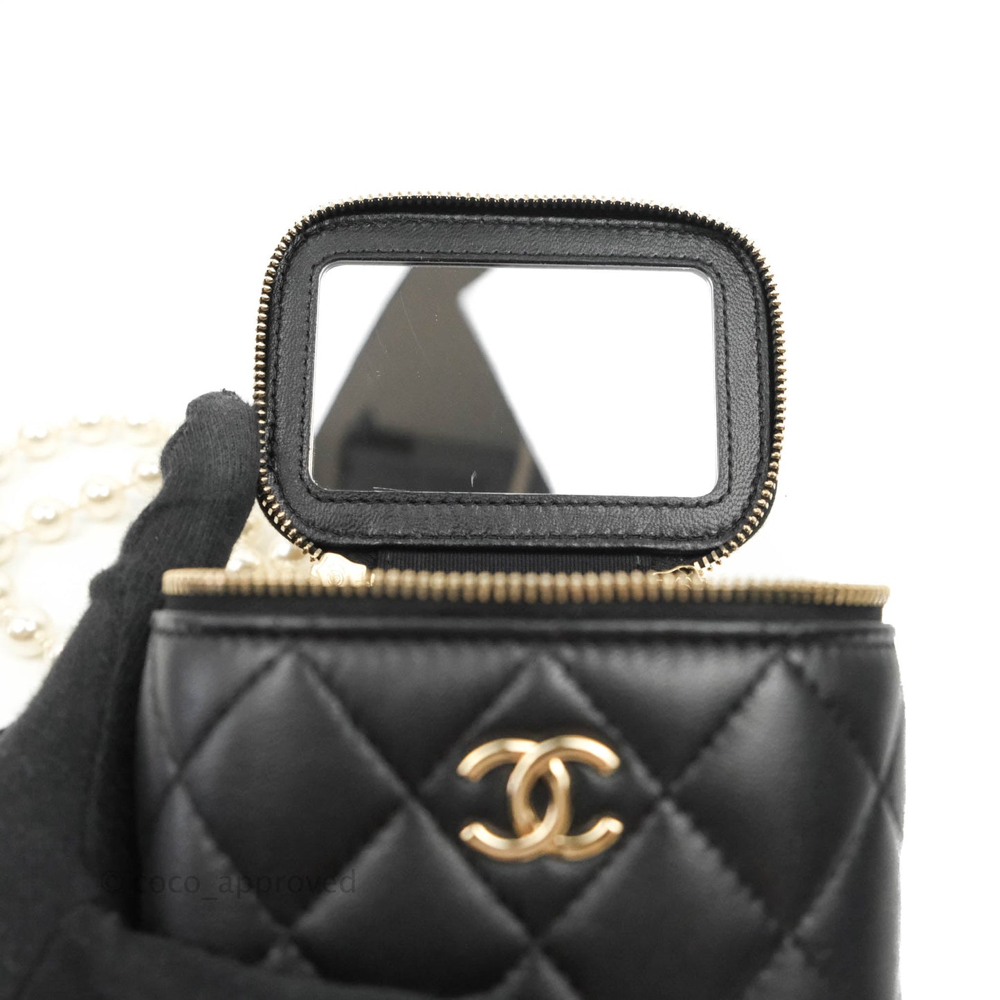 Chanel Mini Vanity With Pearl Chain Black Lambskin Gold Hardware