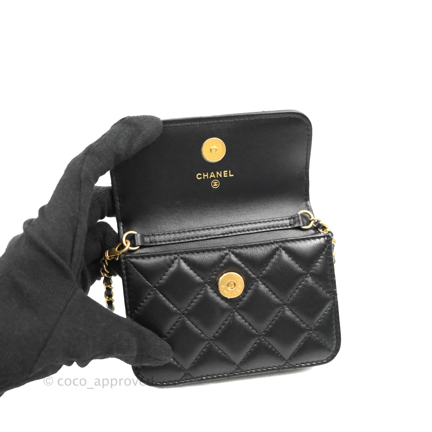 Chanel Mini Pearl Crush Clutch With Chain Belt Black Lambskin Aged Gold Hardware