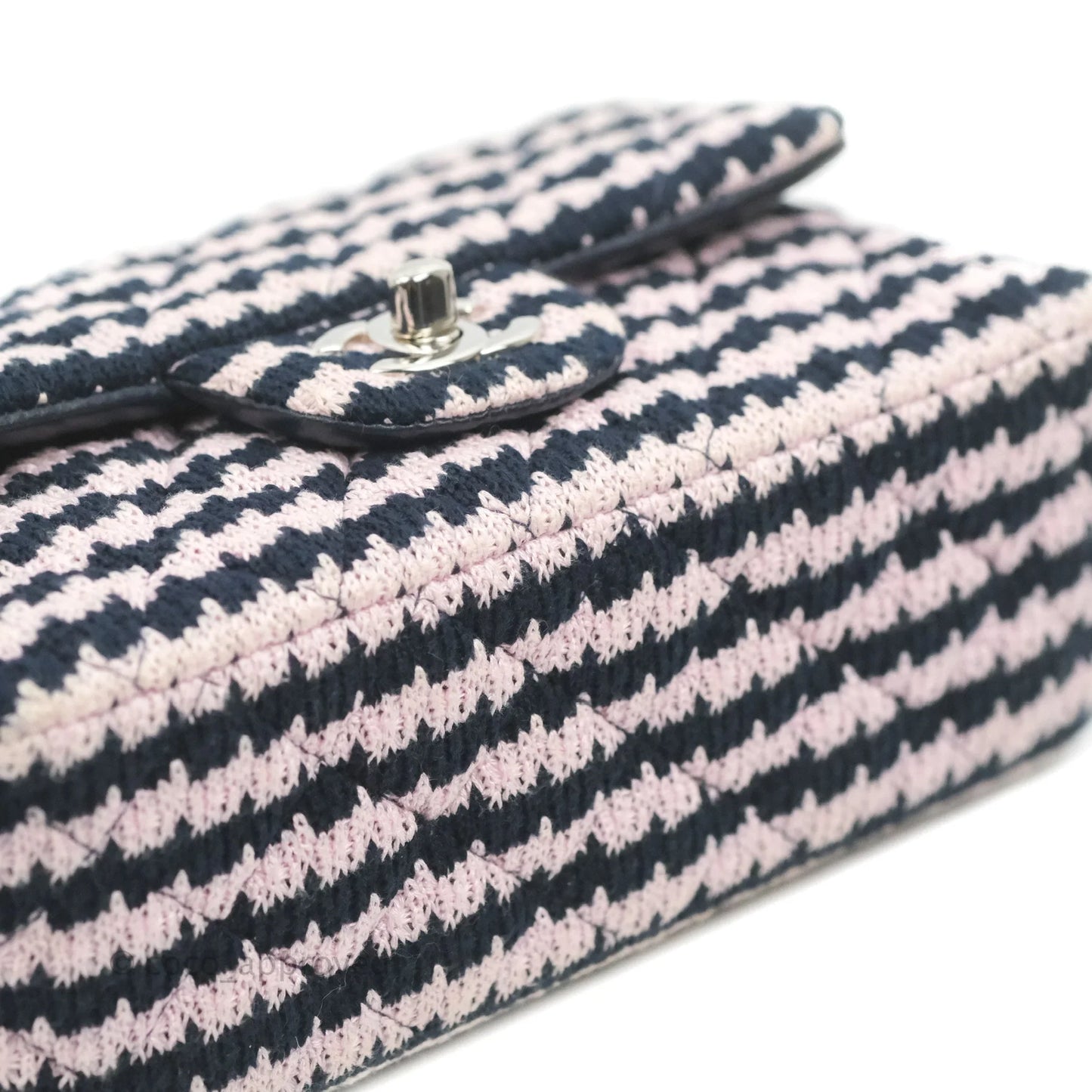Chanel Mini Rectangular Flap Bag Navy Pink Striped Tweed Silver Hardware
