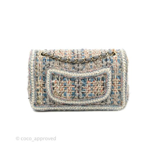 Chanel M/L Medium Single Flap Grey Tweed Braided Gold Hardware
