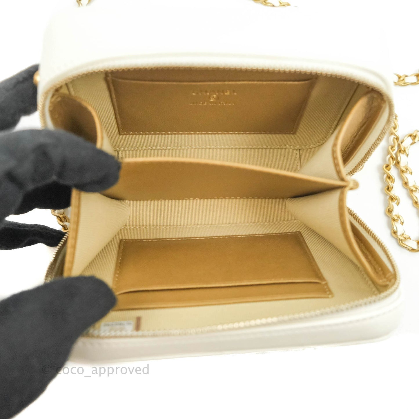 Chanel Mini Pearl Crush Quilted Camera Case White Lambskin Aged Gold Hardware