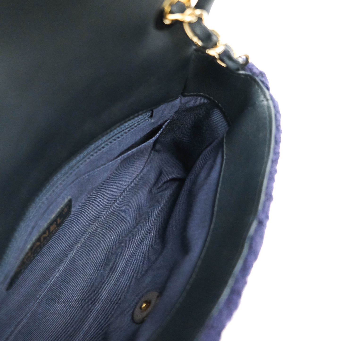 Chanel Mini Rectangular Flap Navy Blue Cable Knit Gold Hardware