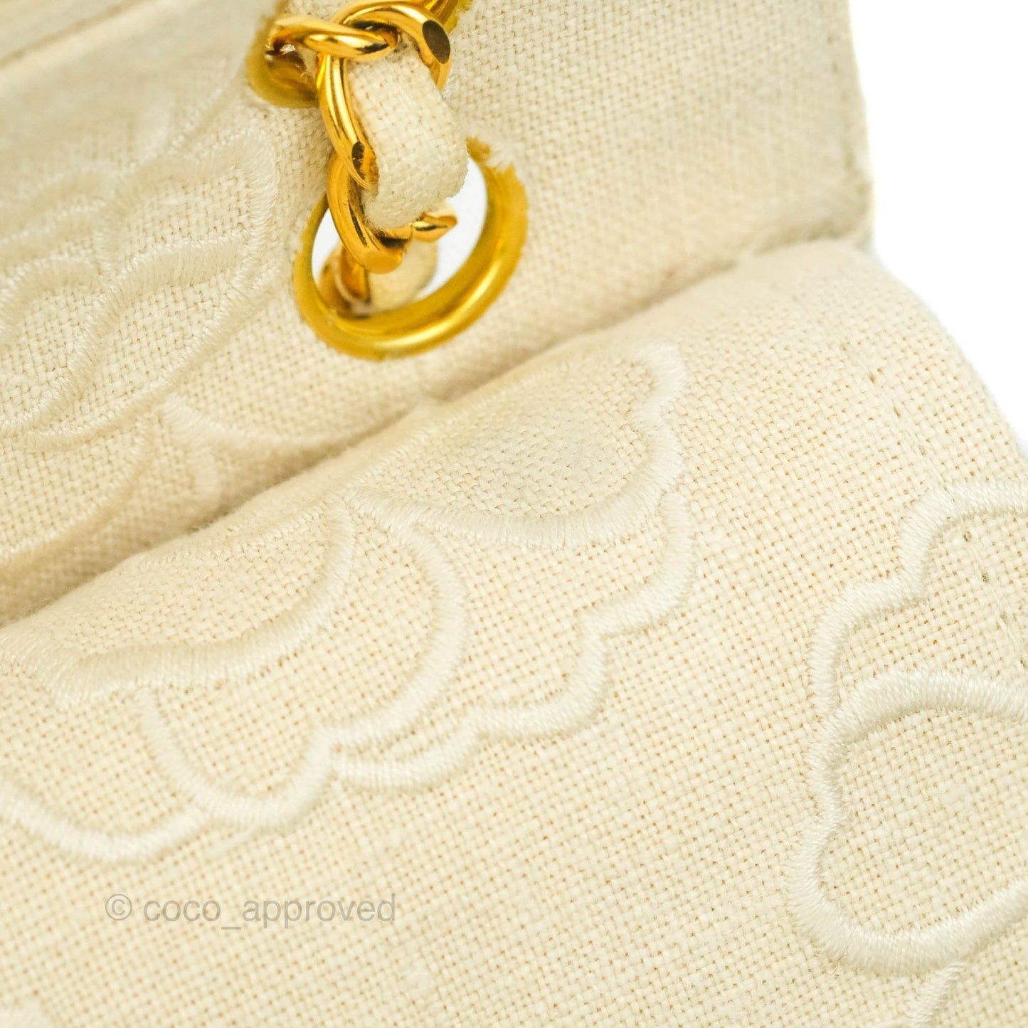 Chanel Small Flap Camellia Embroidered Ivory Beige Linen Canvas 24K Gold Hardware