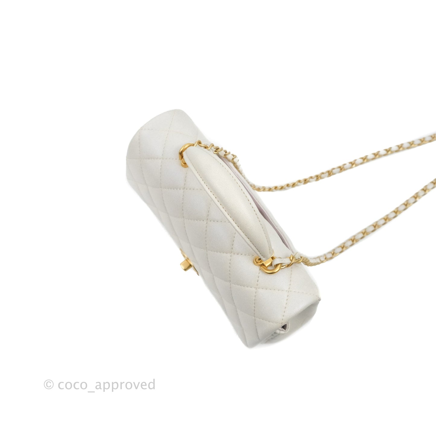 Chanel Top Handle Mini Rectangular Flap Bag Iridescent White Lambskin Aged Gold Hardware
