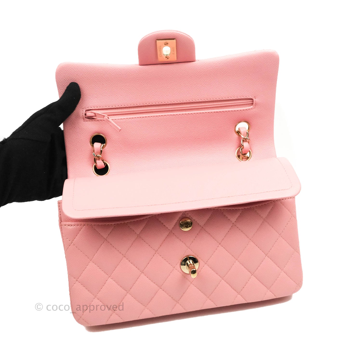 Chanel Small Classic Quilted Flap Pink Caviar Gold Hardware 22C