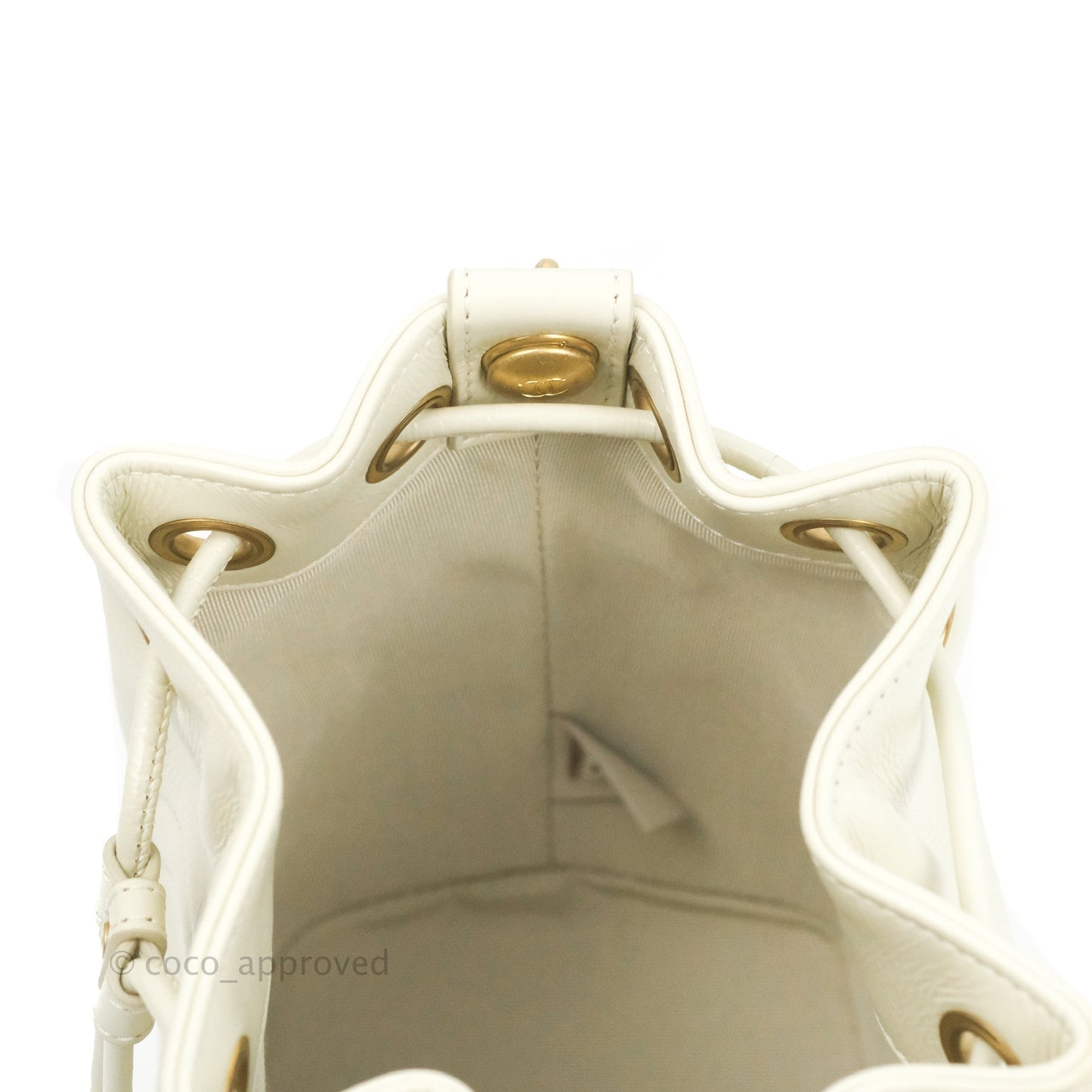 Chanel CC Small Drawstring Bucket Bag White Calfskin Aged Gold Hardware