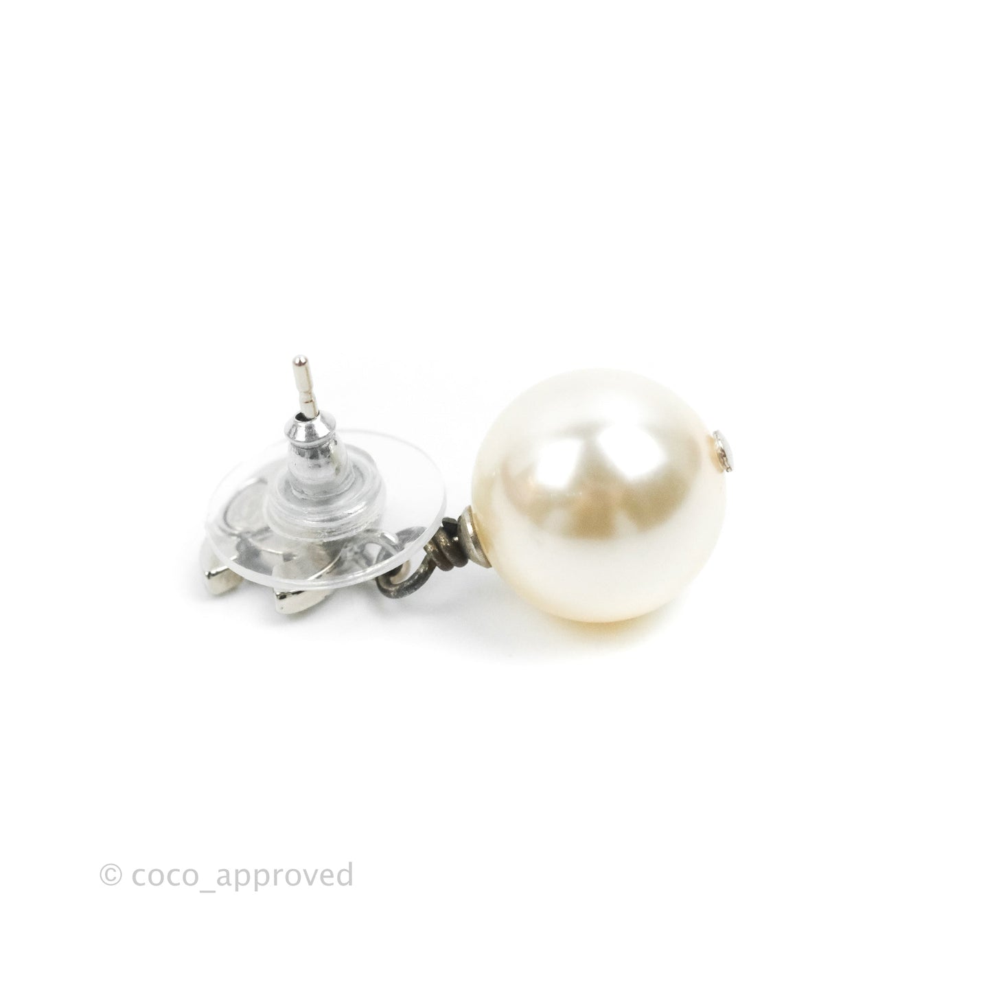 Chanel CC Crystal Pearl Drop Earrings Silver Tone 19V