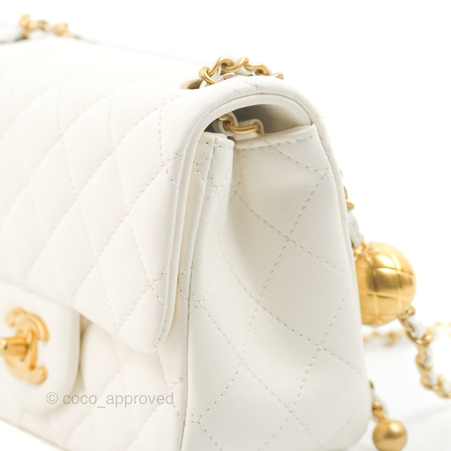 Chanel Mini Square Pearl Crush Quilted White Lambskin Aged Gold Hardware