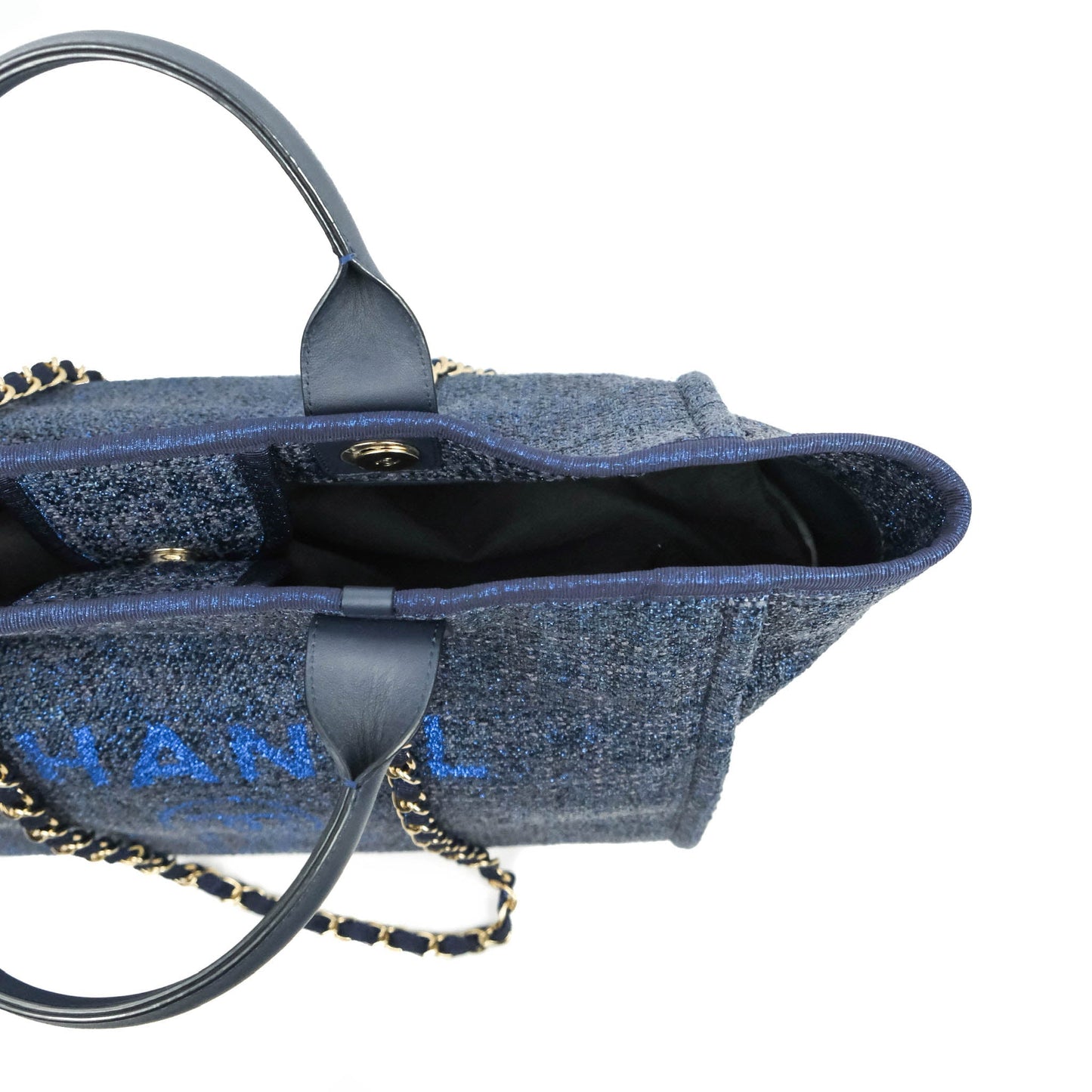 Chanel Large Deauville Navy Blue Glitter Canvas Gold Hardware